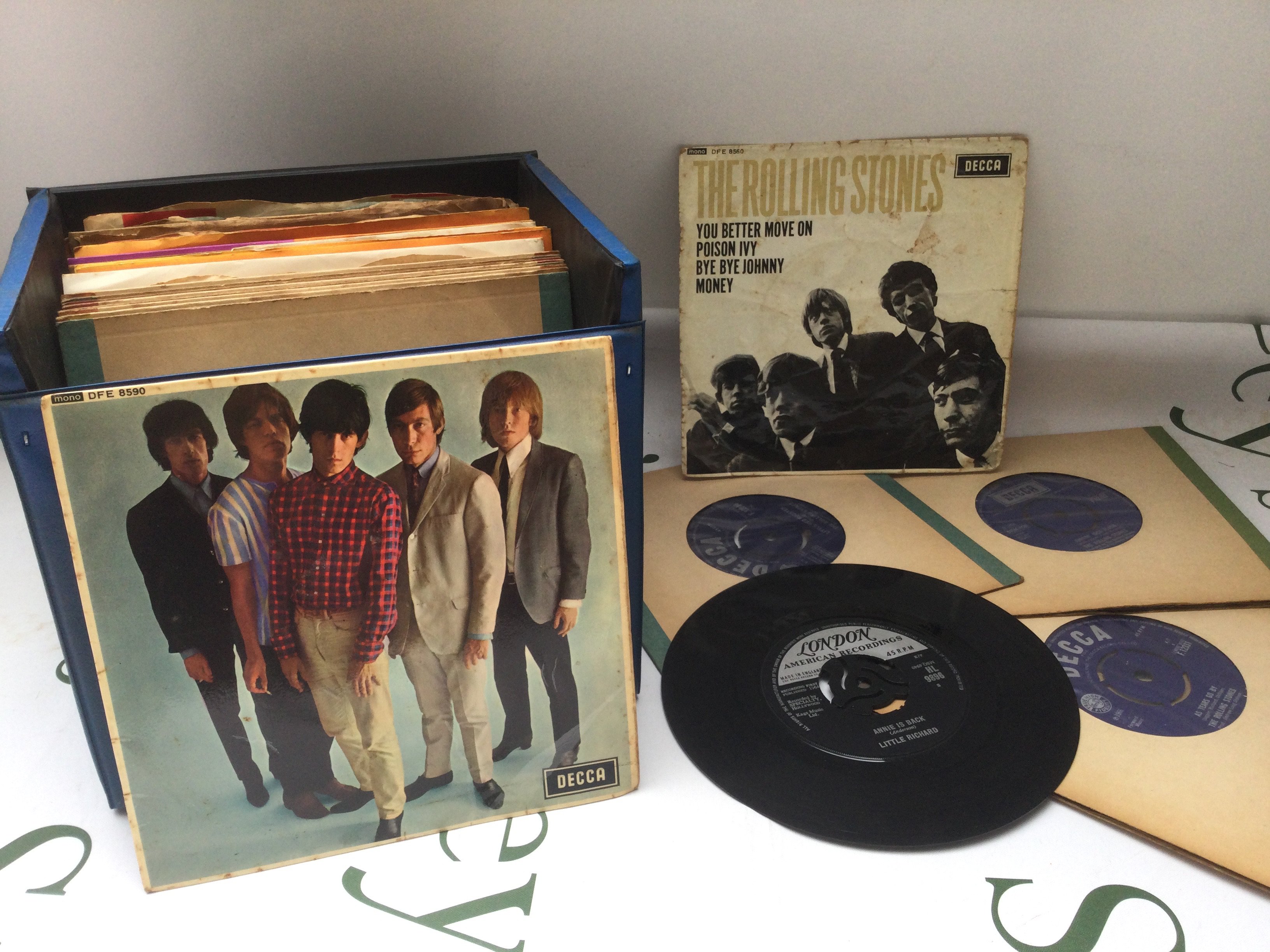 A record case of 7" singles and EPs comprising mainly Rolling Stones releases plus The Beatles, The Animals etc.