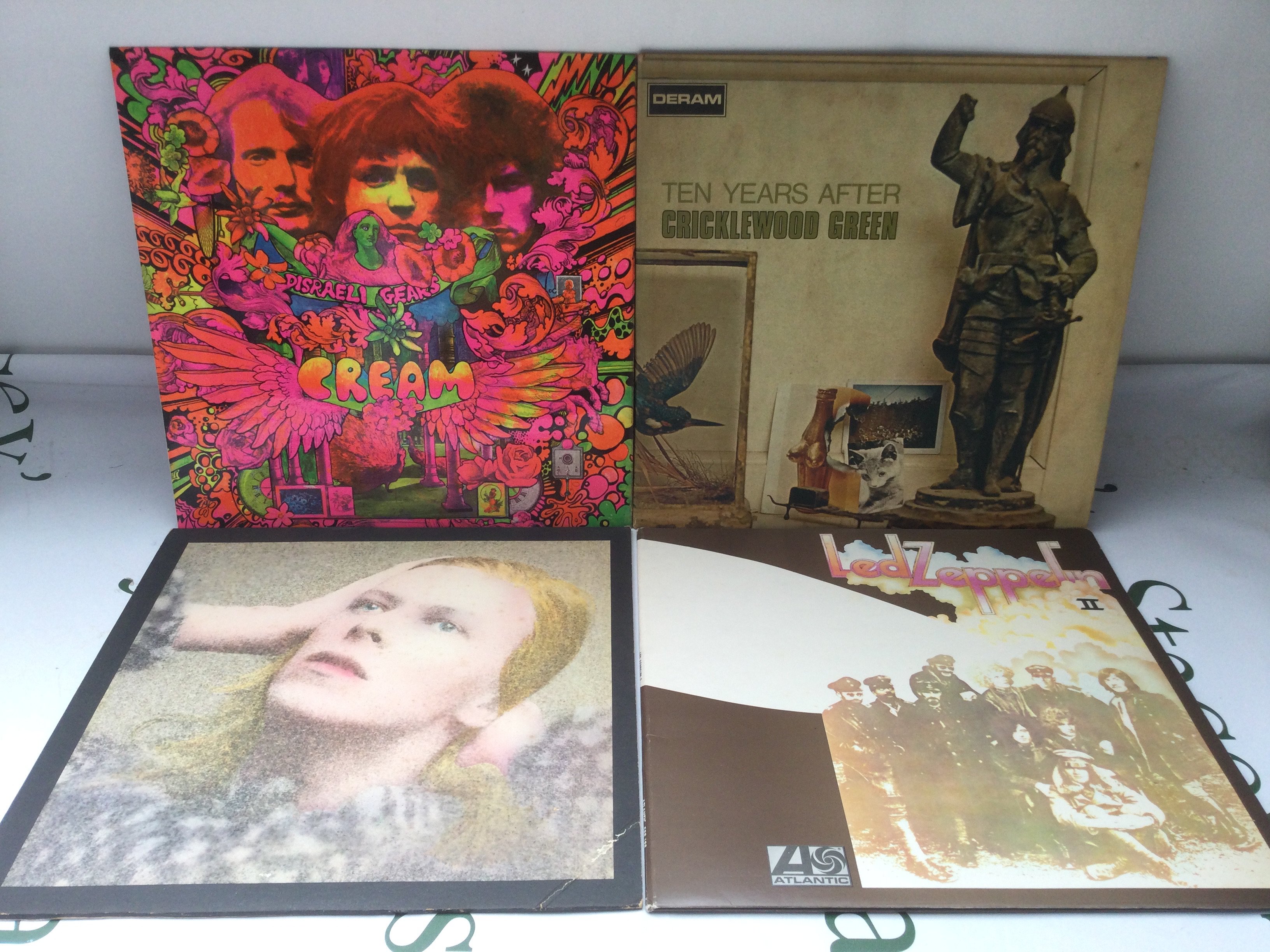 Four early pressings of LPs comprising Led Zeppelin 2, Disraeli Gears, Hunky Dory and Cricklewood Green. Led Zep 2 needs a clean.