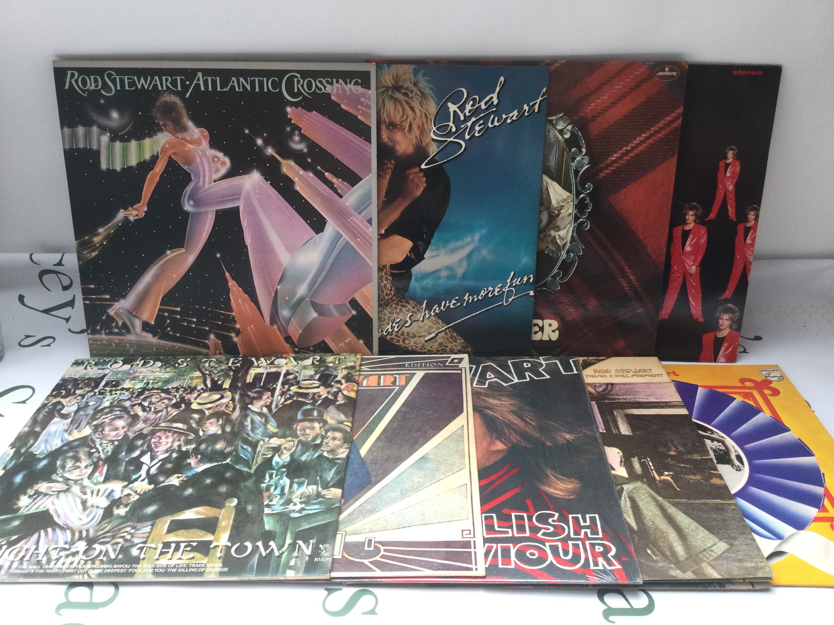 Nine Rod Stewart LPs comprising Every Picture Tells A Story, Never A Dull Moment and others.