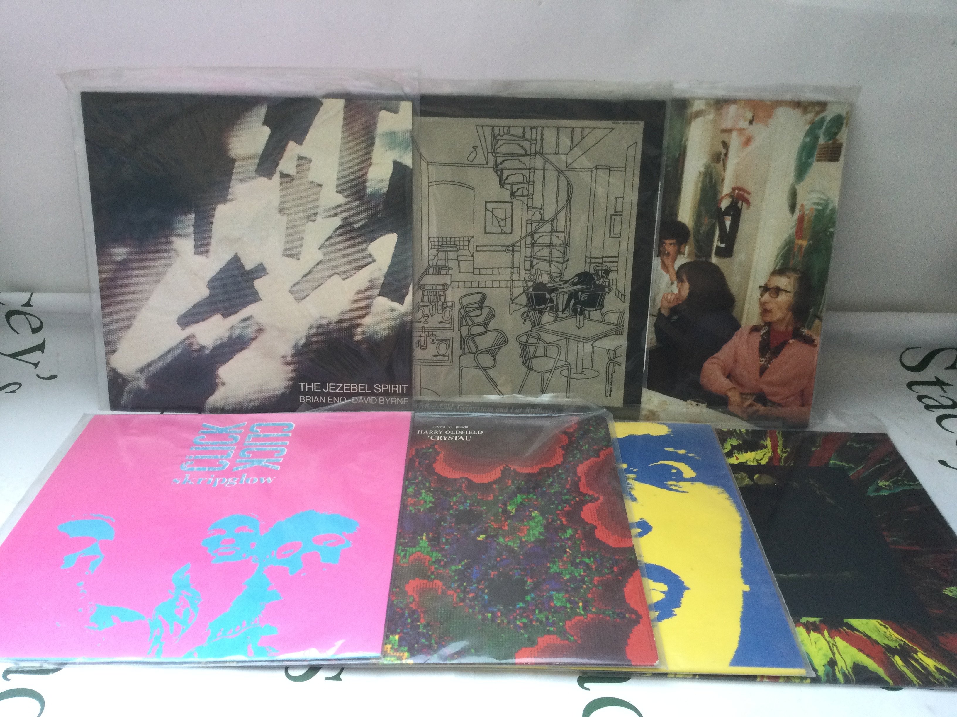 Fifteen electro and industrial LPs and 12" singles by various artists including Brian Eno & David Byrne, Click Click and others.