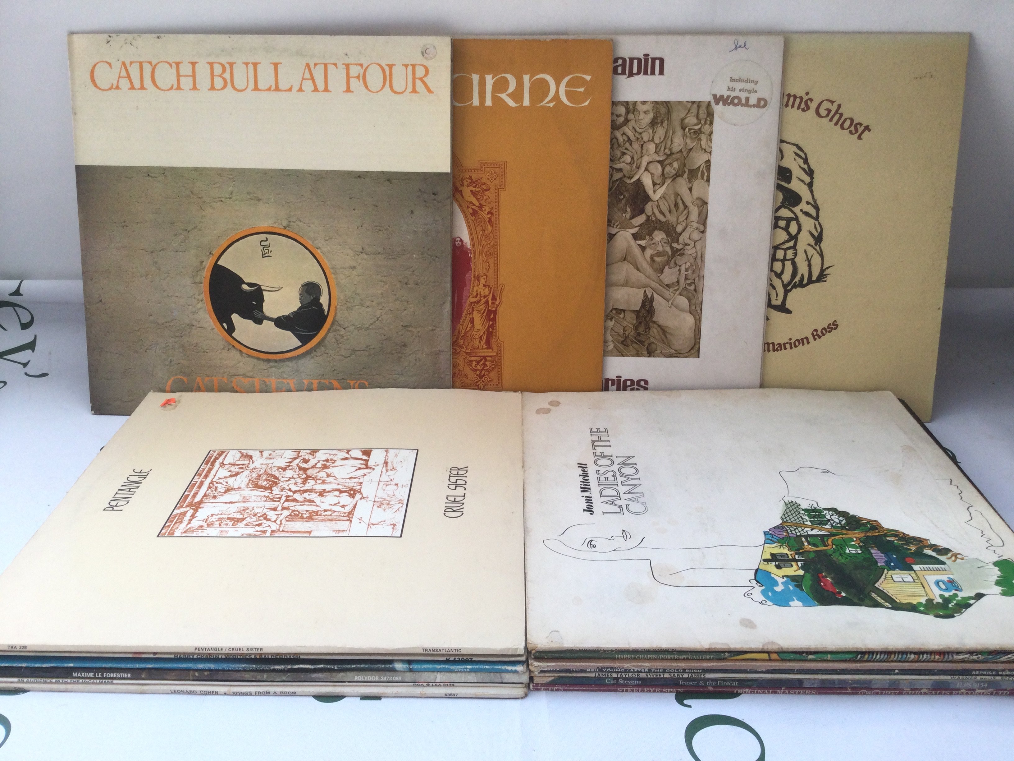 Seventeen folk LPs by various artists including Pentangle, Joni Mitchell, Cat Stevens and others.