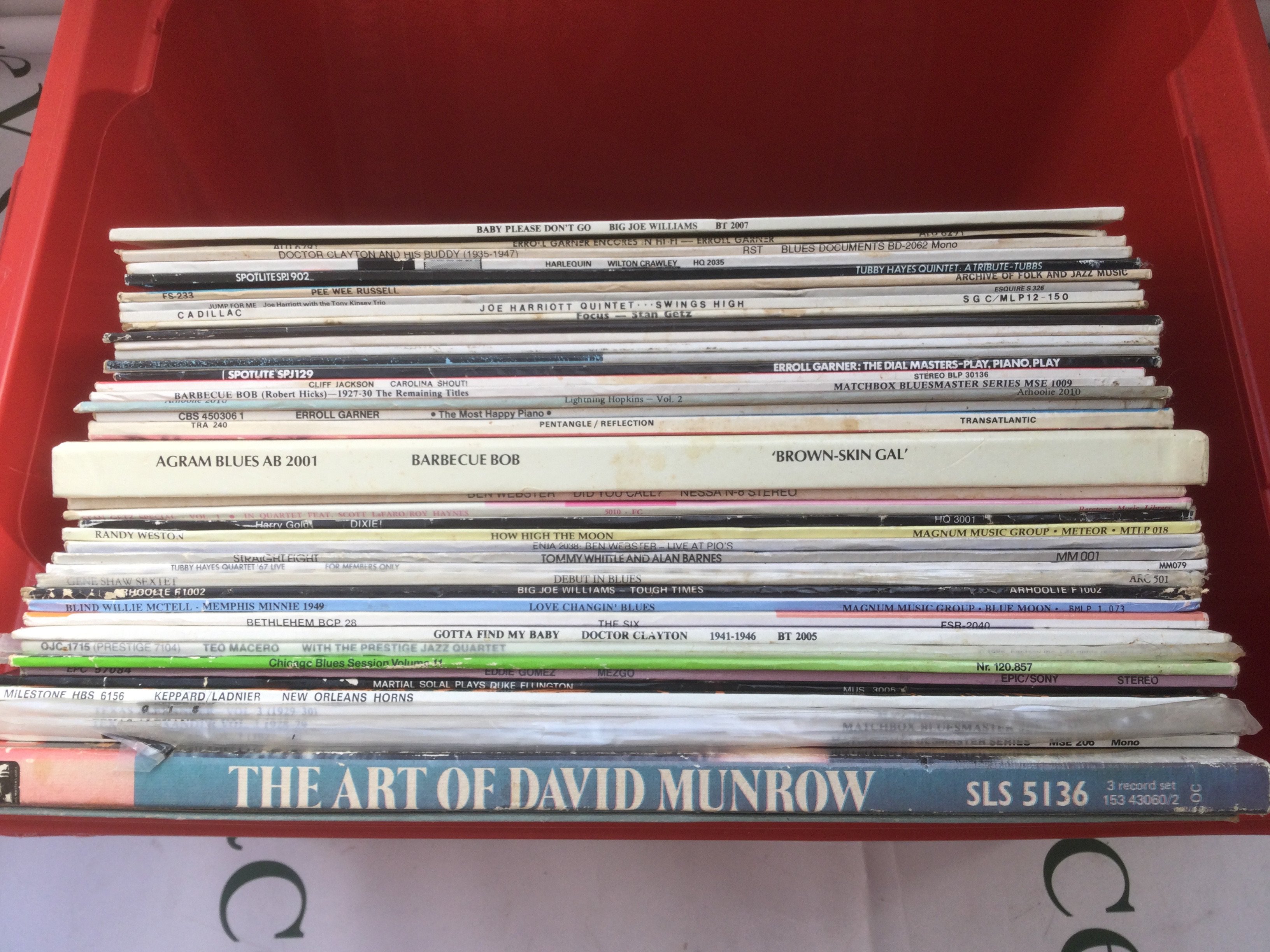 A collection of jazz and blues LPs by various artists including Big Joe Williams, Barbecue Bob, Erroll Garner and others.