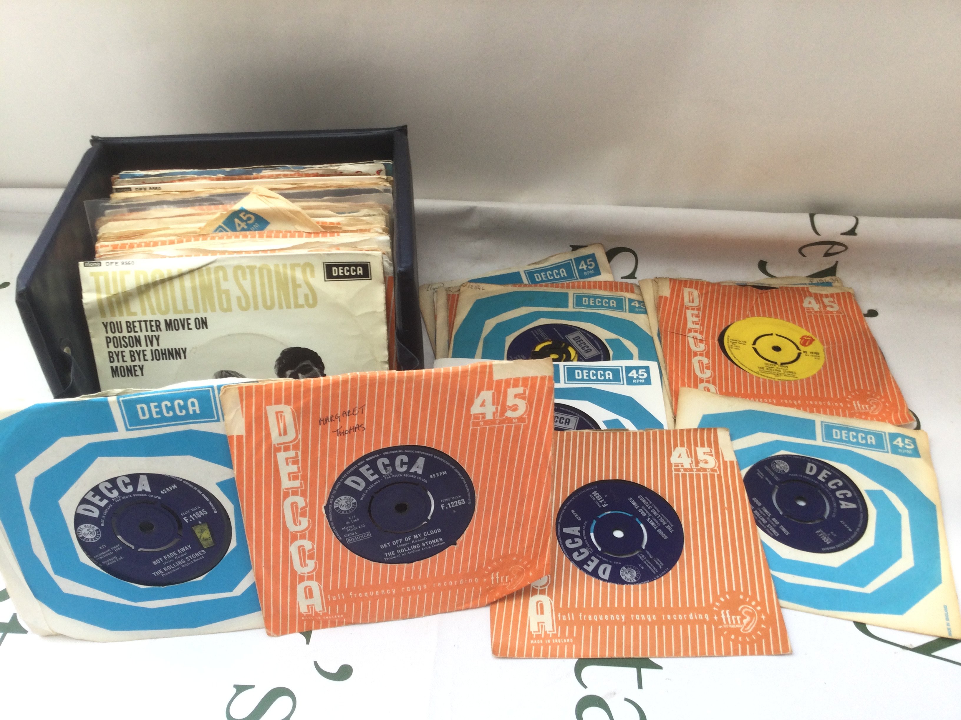 A record case of Rolling Stones 7" singles and EPs.