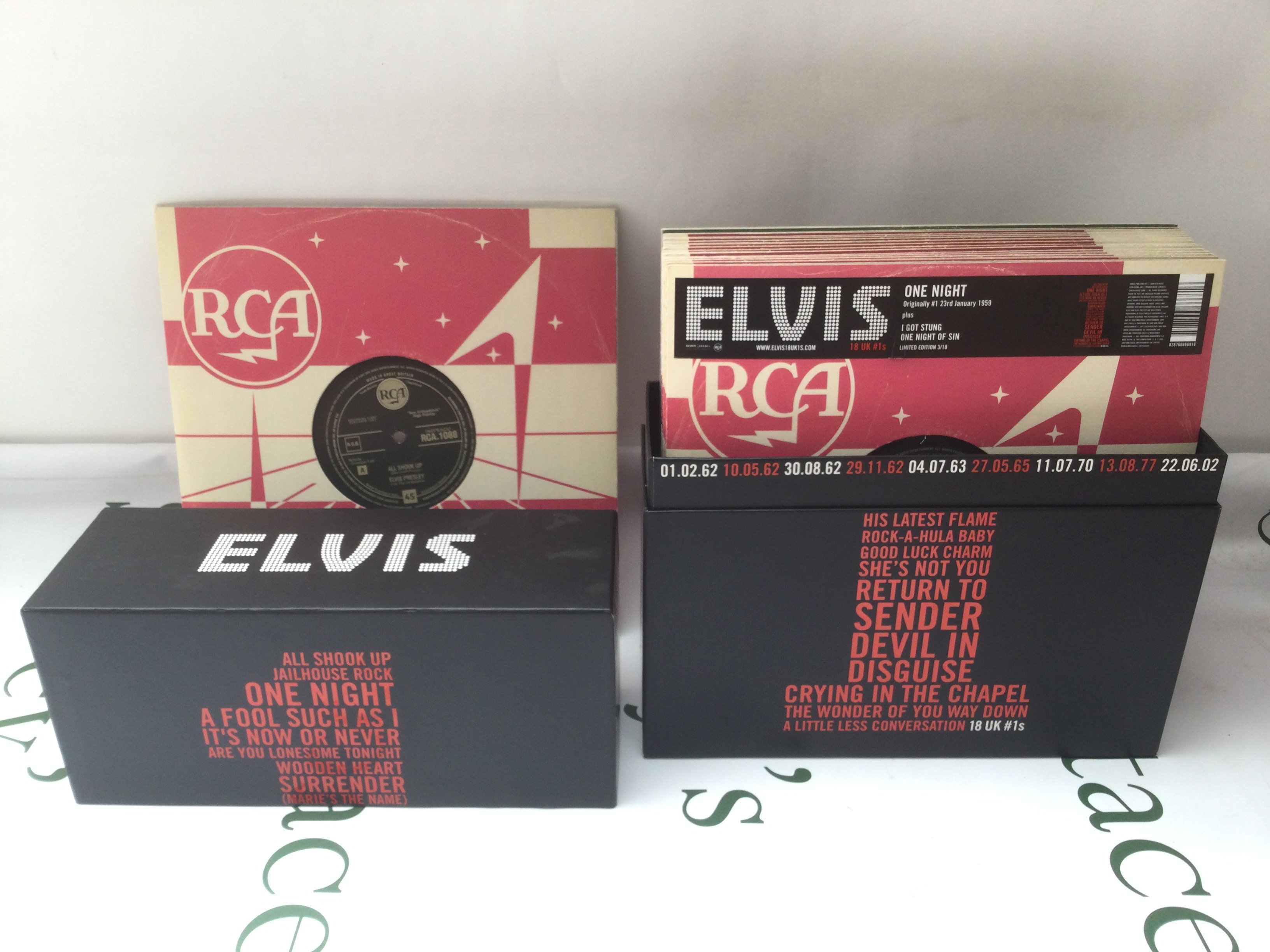 A limited edition Elvis Presley 18 UK #1s 10" inch vinyl box set.