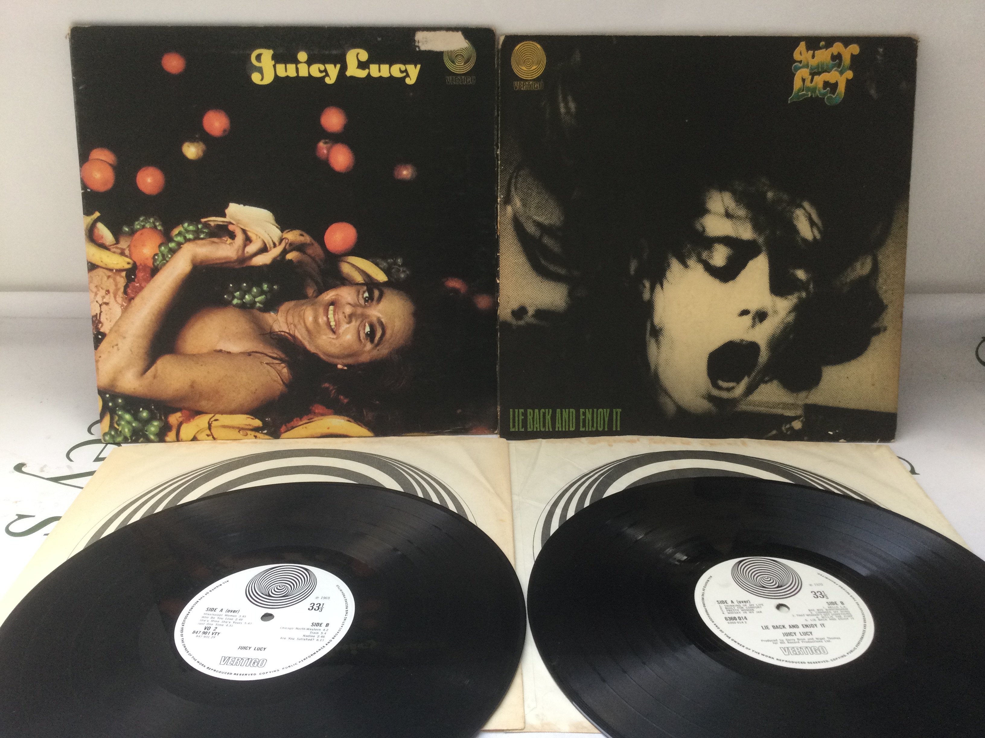 Two first UK pressings of Juicy Lucy LPs, both records VG+, sleeves G/VG.