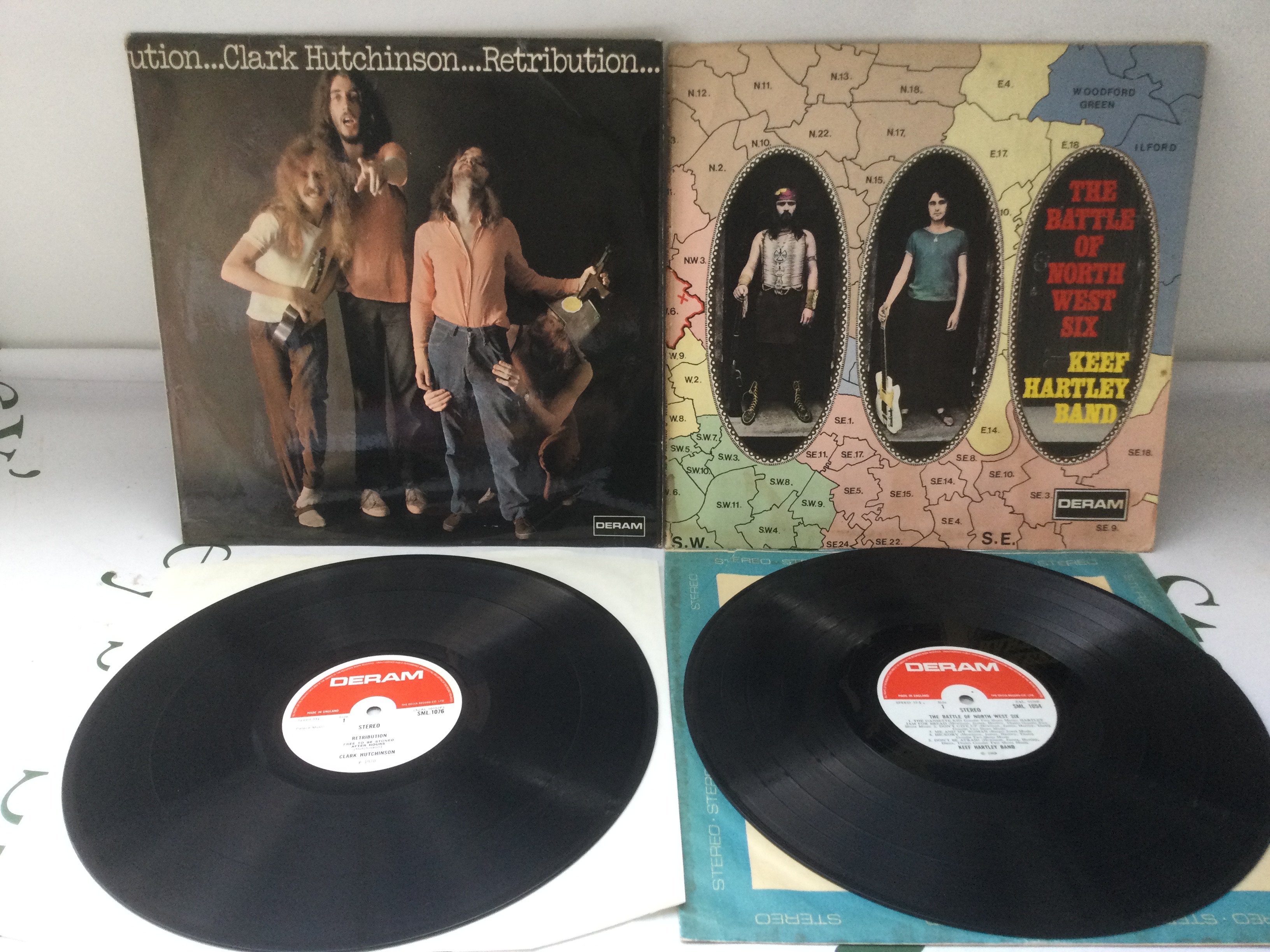 Two first UK pressings on the Deram label comprising Retribution by Clark Hutchinson and The Battle Of North West Six by Keef Hartley Band. Vinyl Ex.