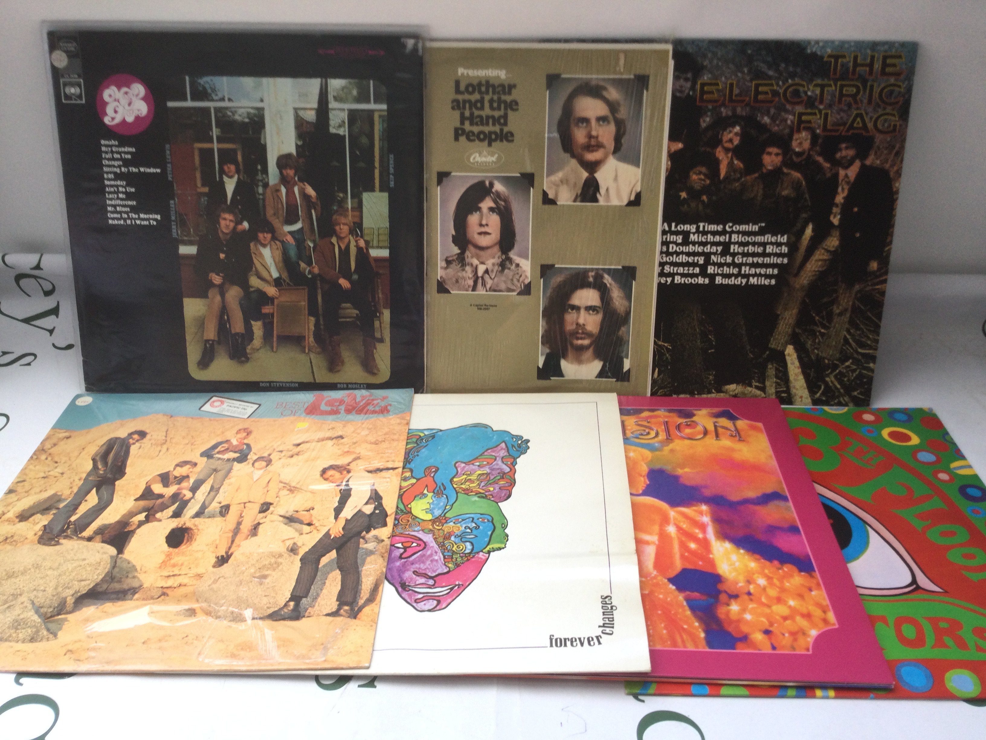 Seven 1960s paych rock LPs by various artists including Moby Grape, Love, 13th Floor Elevators and others.