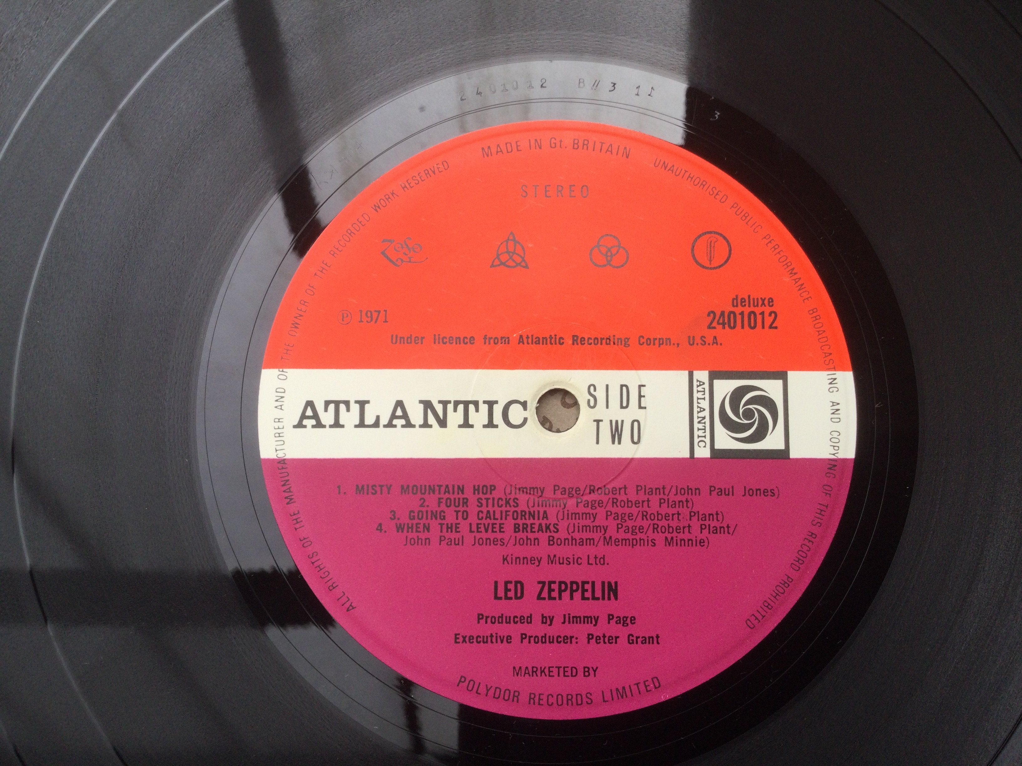 Seven Led Zeppelin LPs including Led Zeppelin II, III, IV, Physical Graffiti and others. Led Zeppelin IV is on red/plum Atlantic labels and has three small feelable scratches.