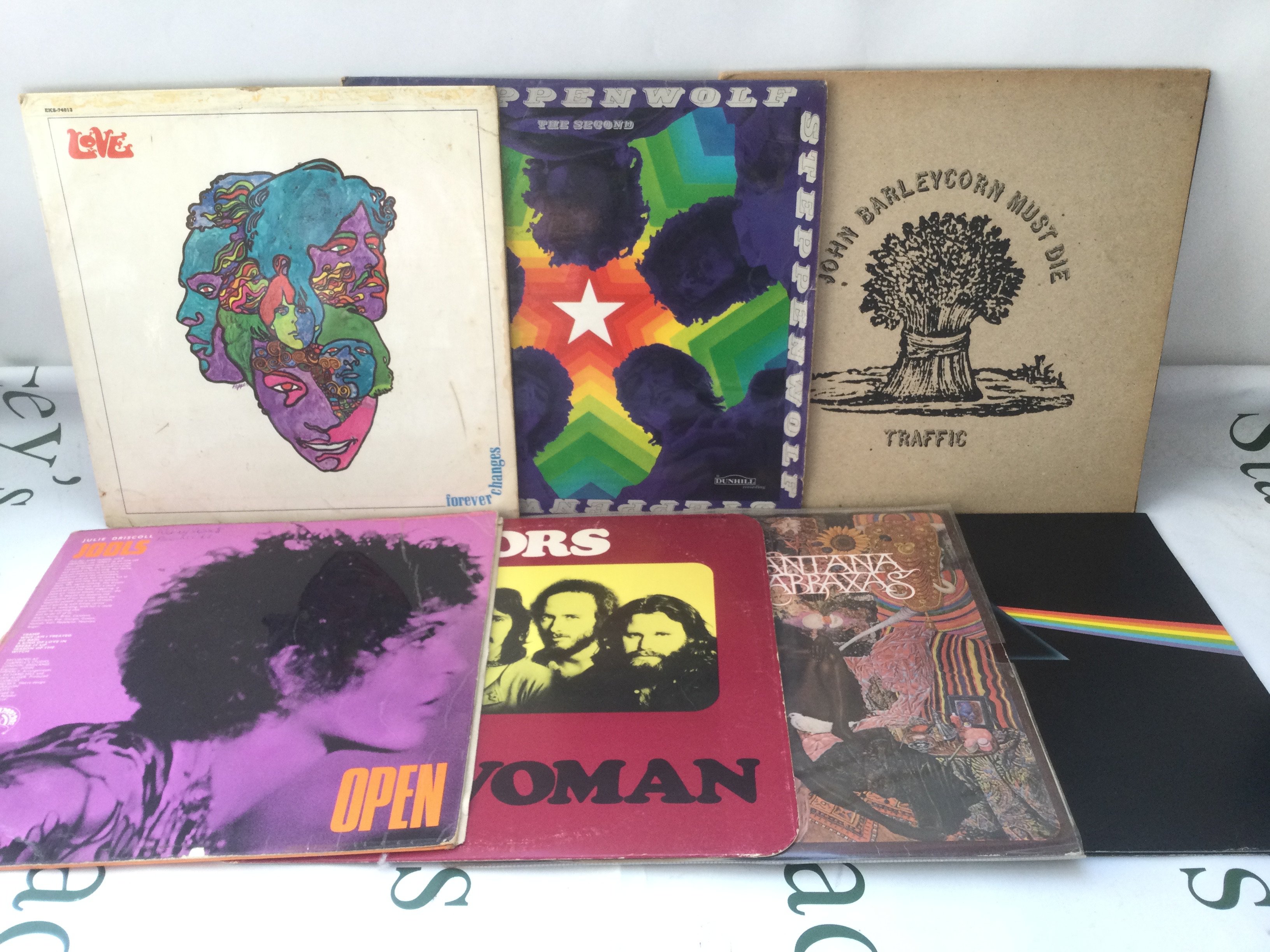 Seven rock LPs by various artists including Pink Floyd, Love, The Doors and others. Forever Changes has a feelable scratch on both sides.