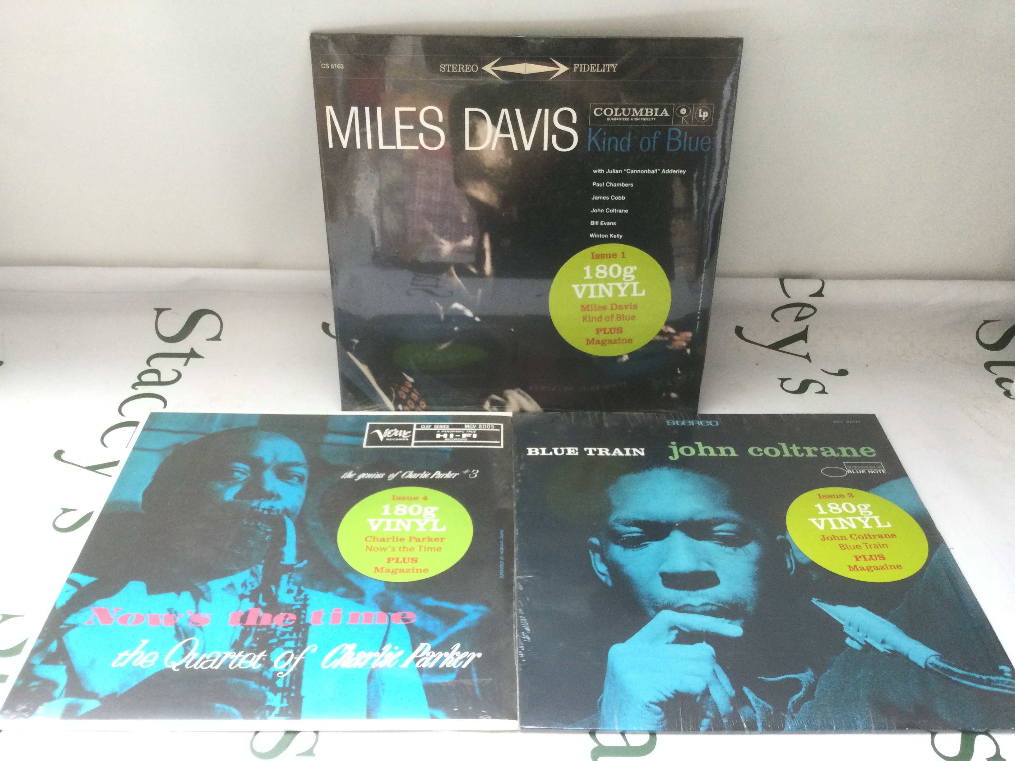 Three sealed 180g classic jazz LPs by Miles Davis, Charlie Parker and John Coltrane.