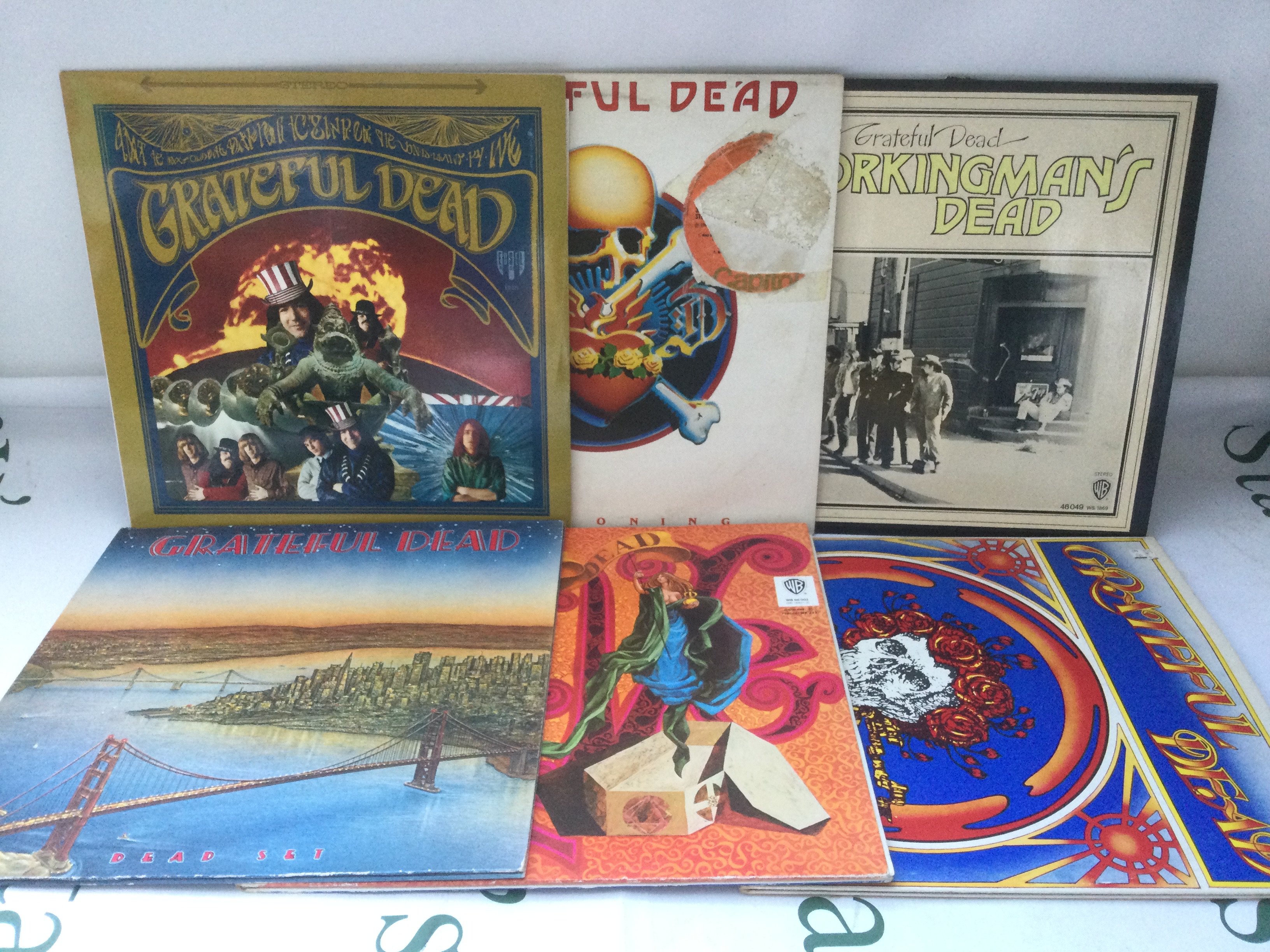 Six Grateful Dead LPs comprising Workingman's Dead, Dead Set and others.