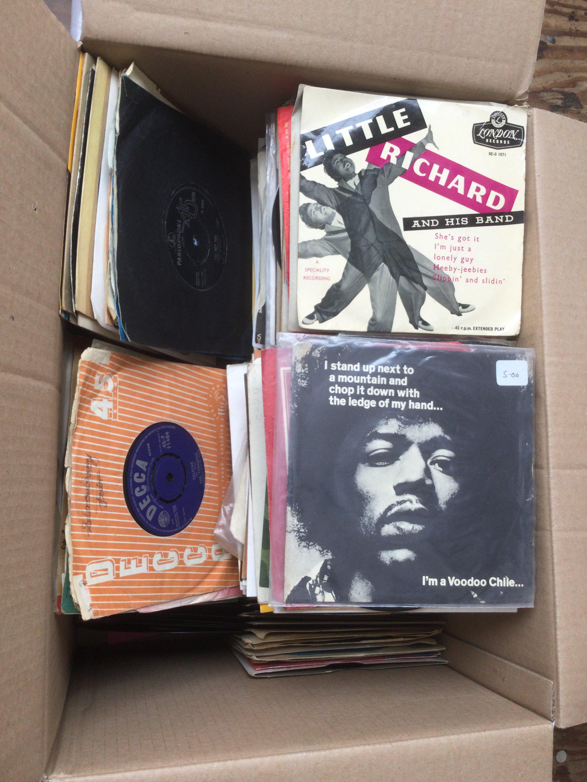 Two boxes of 7" singles and EPs by various artists including The Beatles, Elvis Presley, Billy Fury and many more.