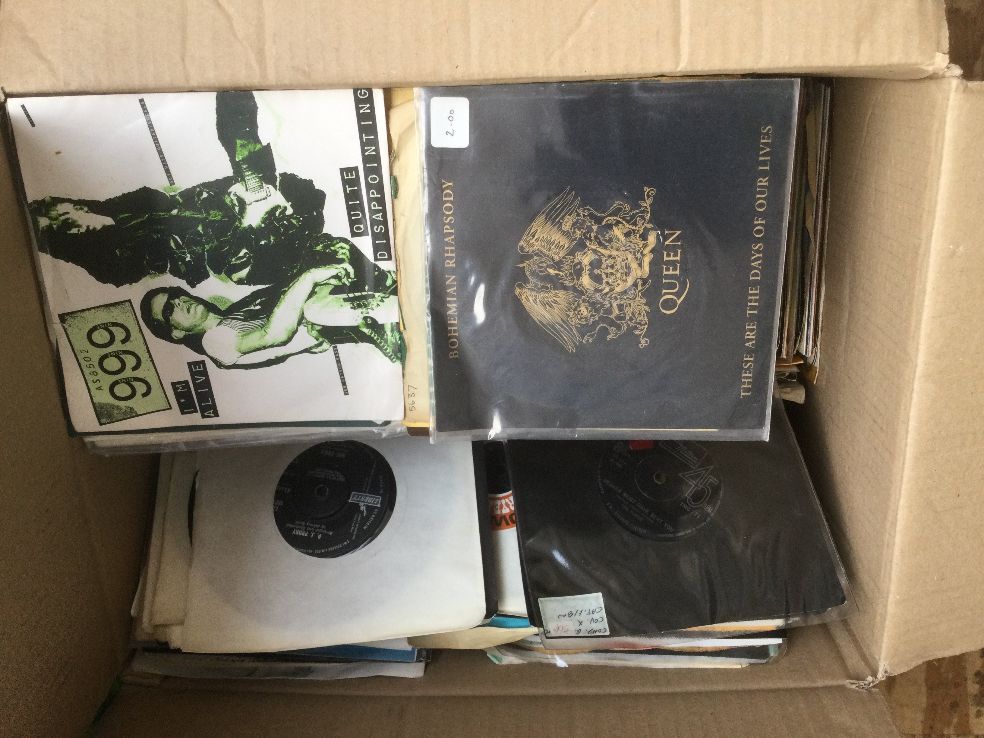 Two boxes of 7" singles and EPs by various artists including Queen, The Beatles, The Move and many more.