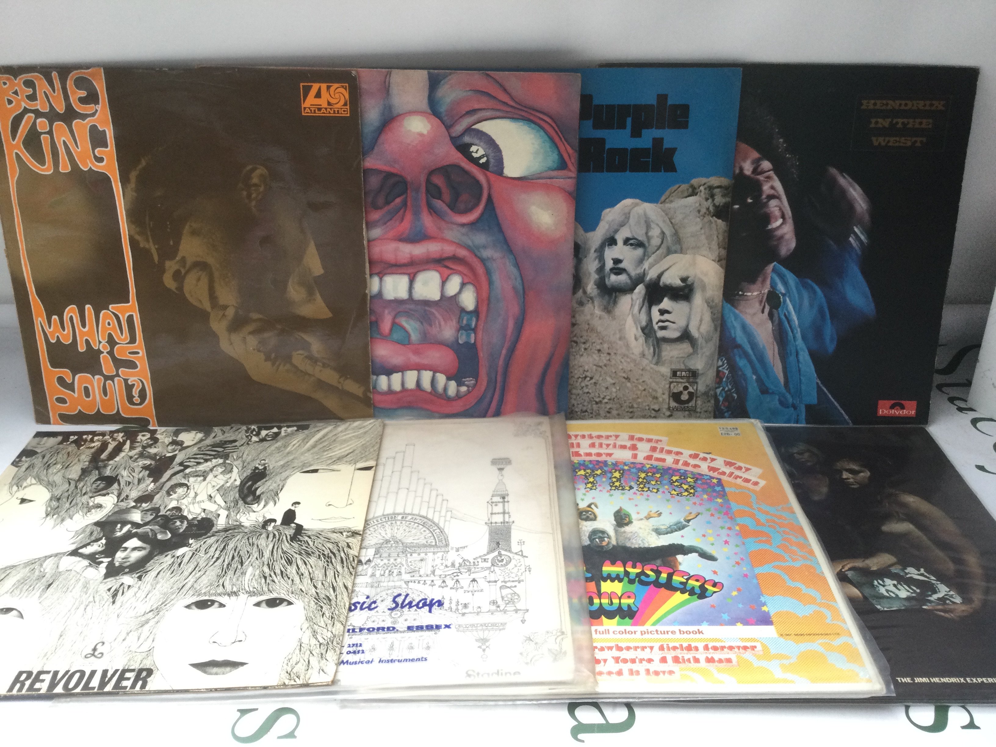 Eight LPs by various artists including The Beatles, Jimi Hendrix, King Crimson and other. Electric Ladyland is a Polydor reissue. Please note that the In The Court Of The Crimson King cover has been exposed to damp and is not entirely flat.