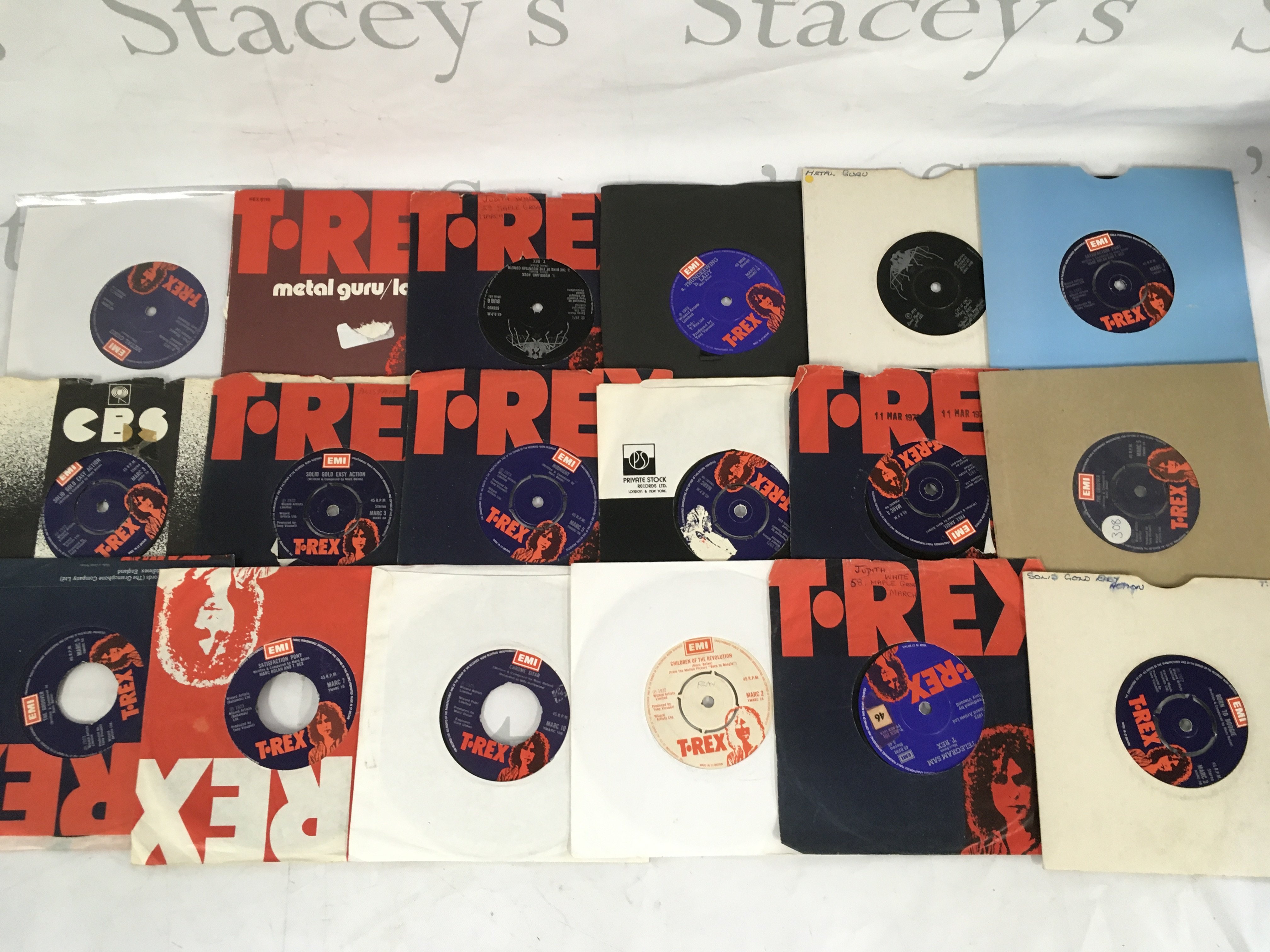 A record case of T Rex 7" singles.