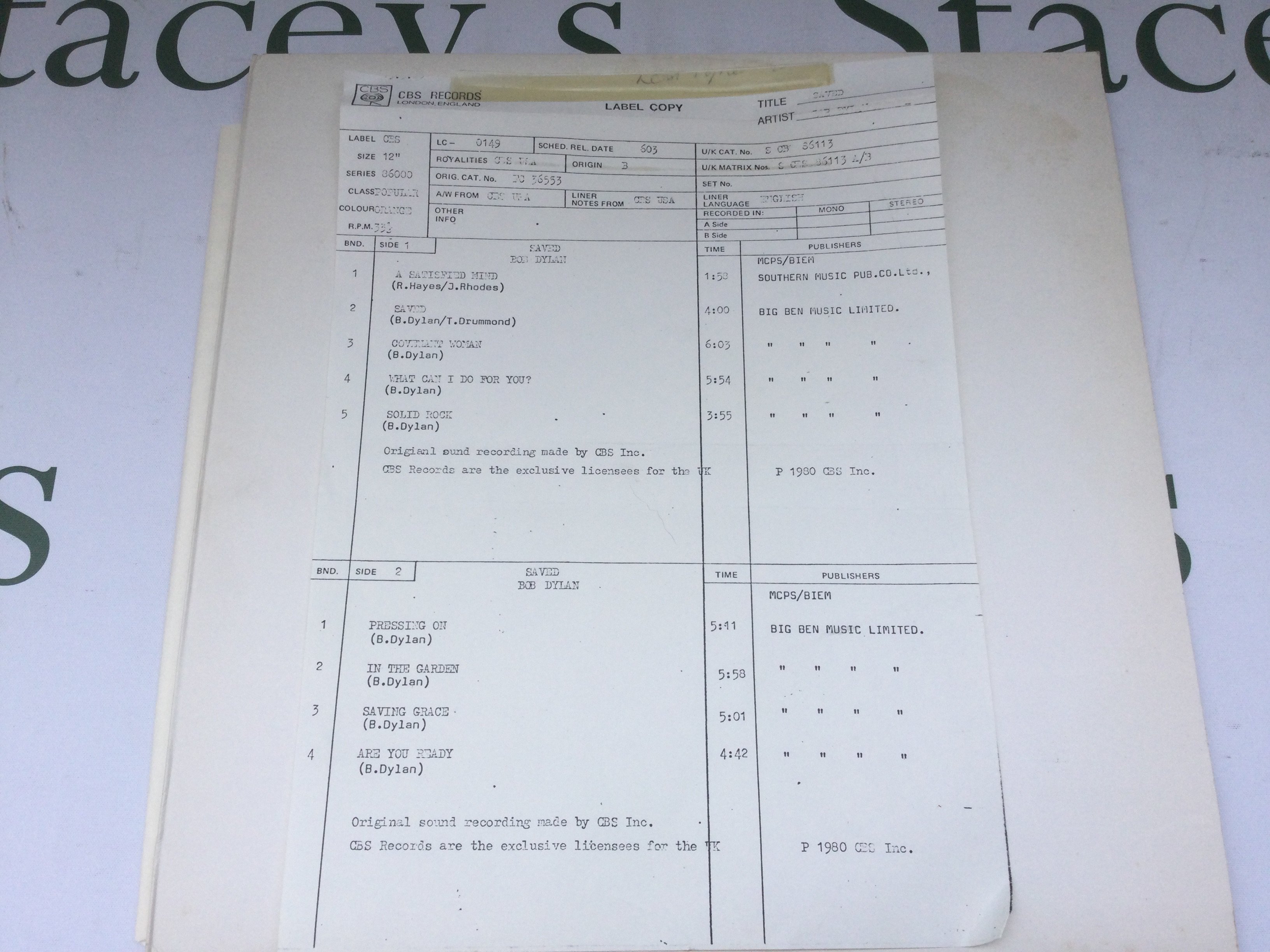 A test pressing for the Bob Dylan 'Saved' LP, CBS S 86113 with attached CBS headed note paper with typed detailed information.
