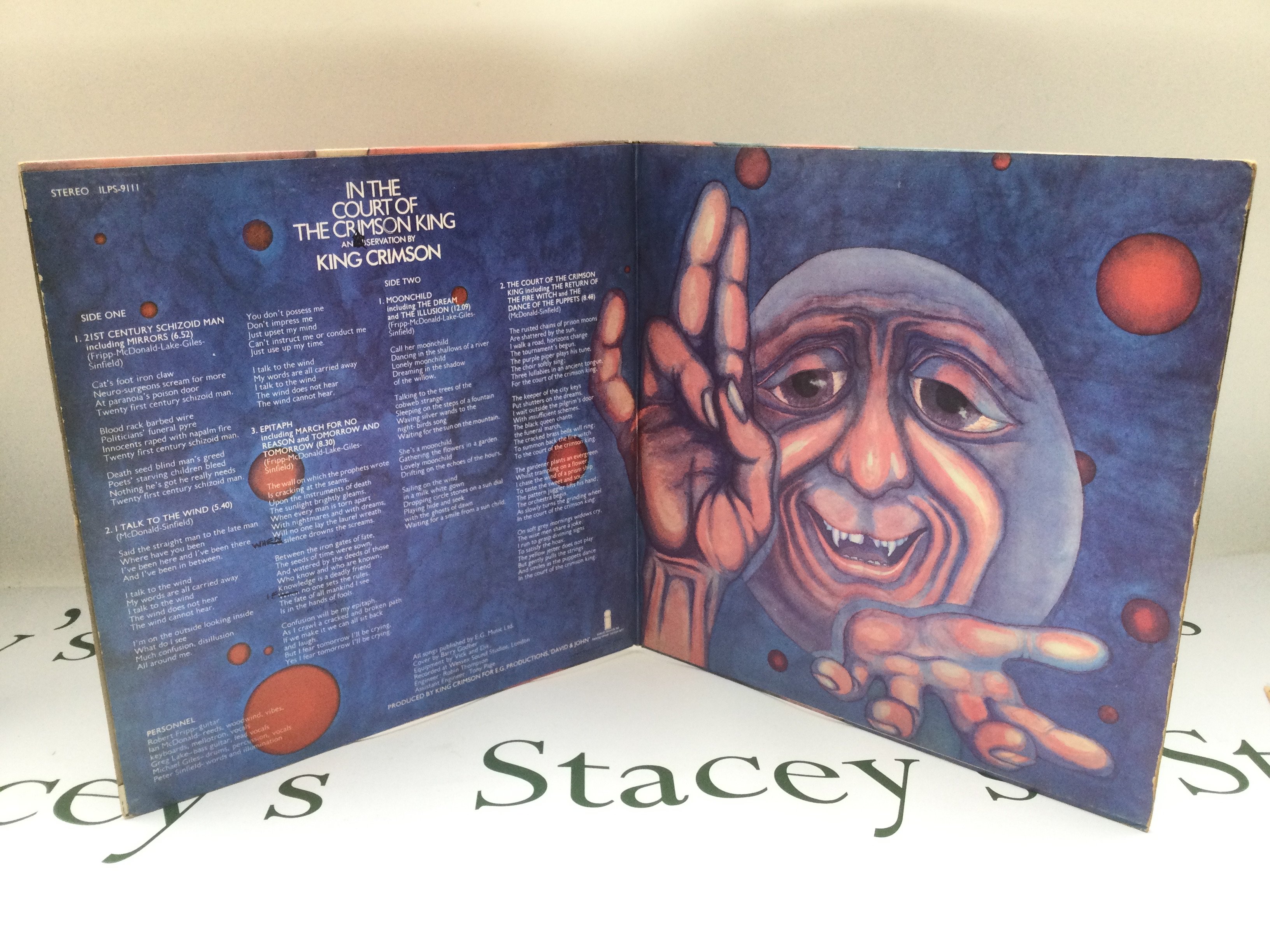 A first pressing of 'In The Court Of The Crimson King' by King Crimson. Two small feelable scratches on side one.