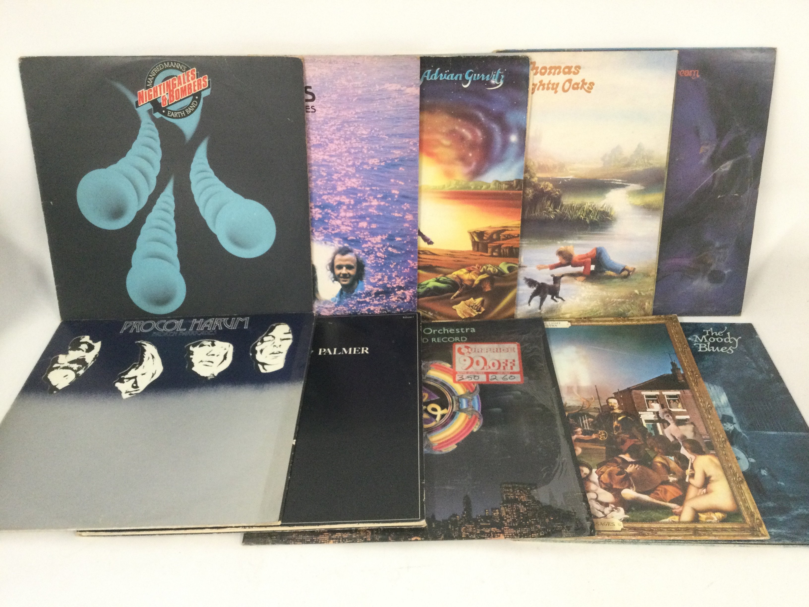 Two bags containing 20 prog rock LPs by various artists including Family, Focus, ELP and others.