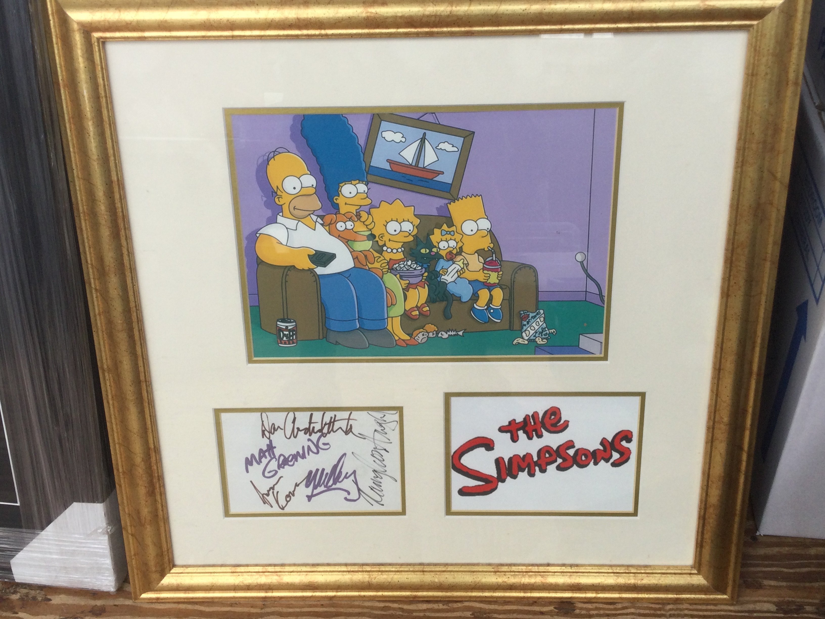 A framed and glazed multi signed display of The Simpsons, approx 53cm x 53cm.