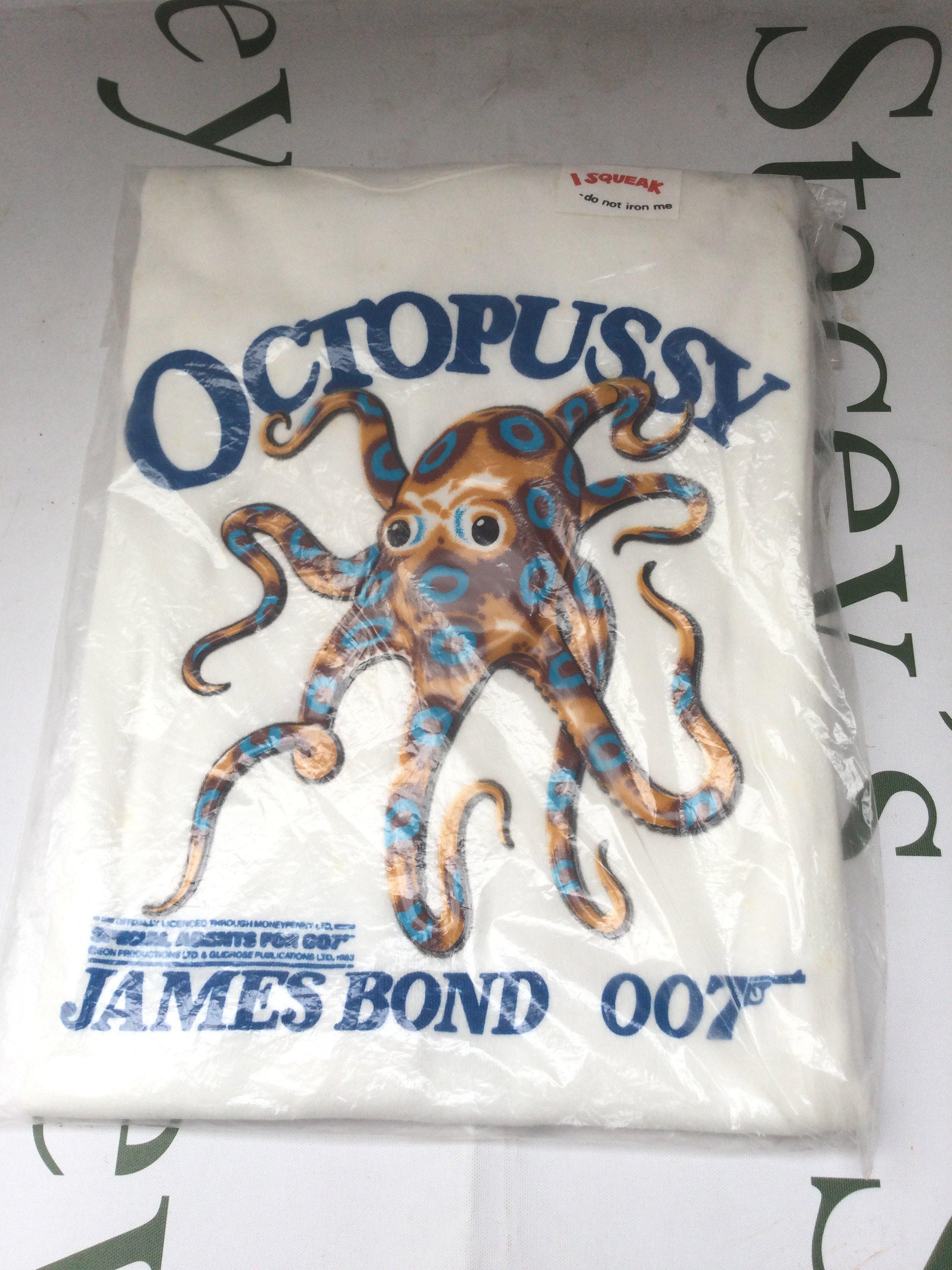 An original unworn 1983 James Bond Octopussy Moneypenny Ltd 'Squeak' T shirt, size L.