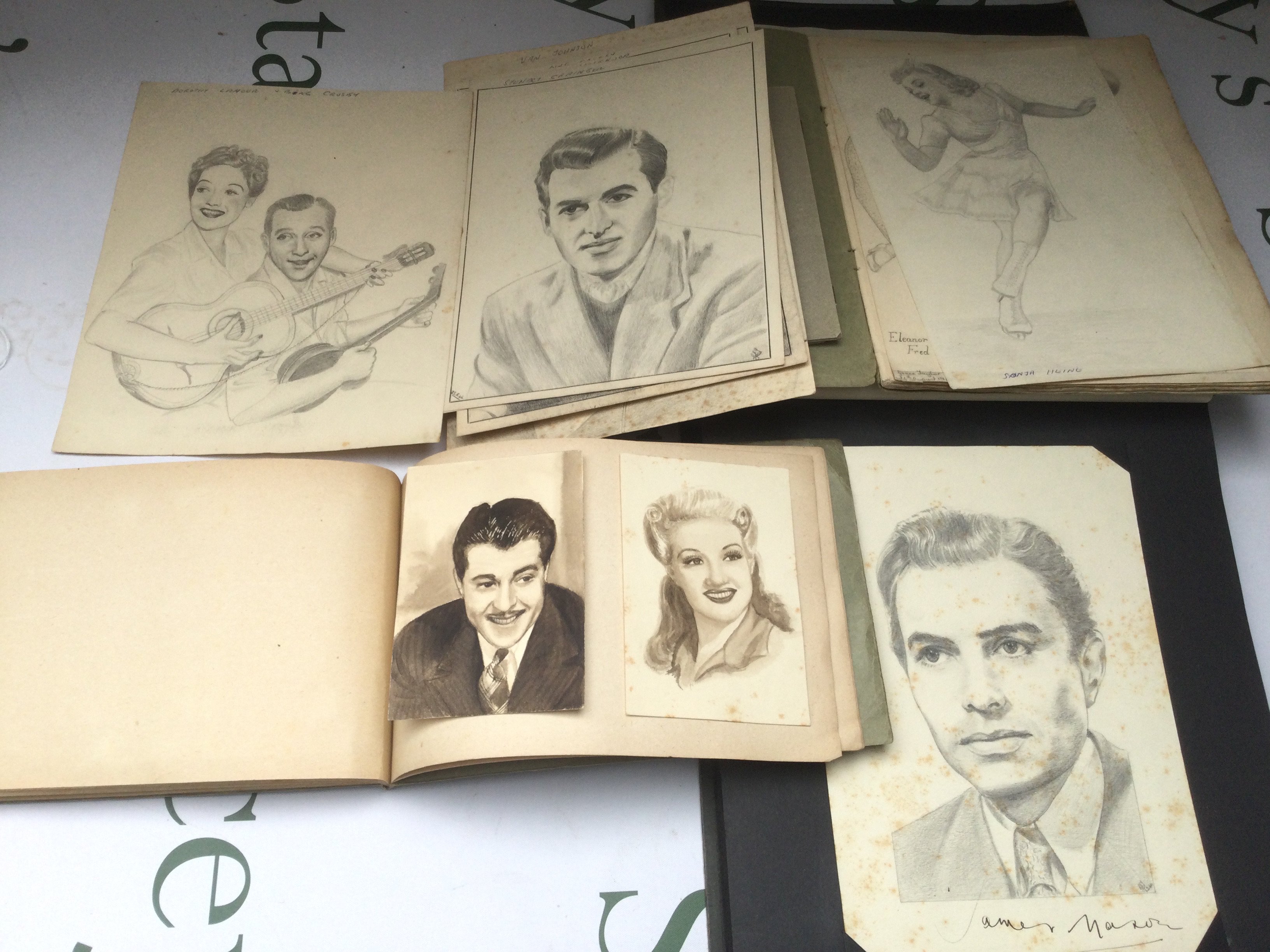 Three albums of sketches and watercolours of famous movie stars from the 1940s/50s onwards including 12 signed by various stars including David Niven, Mickey Rooney, Margaret Lockwood and others.
