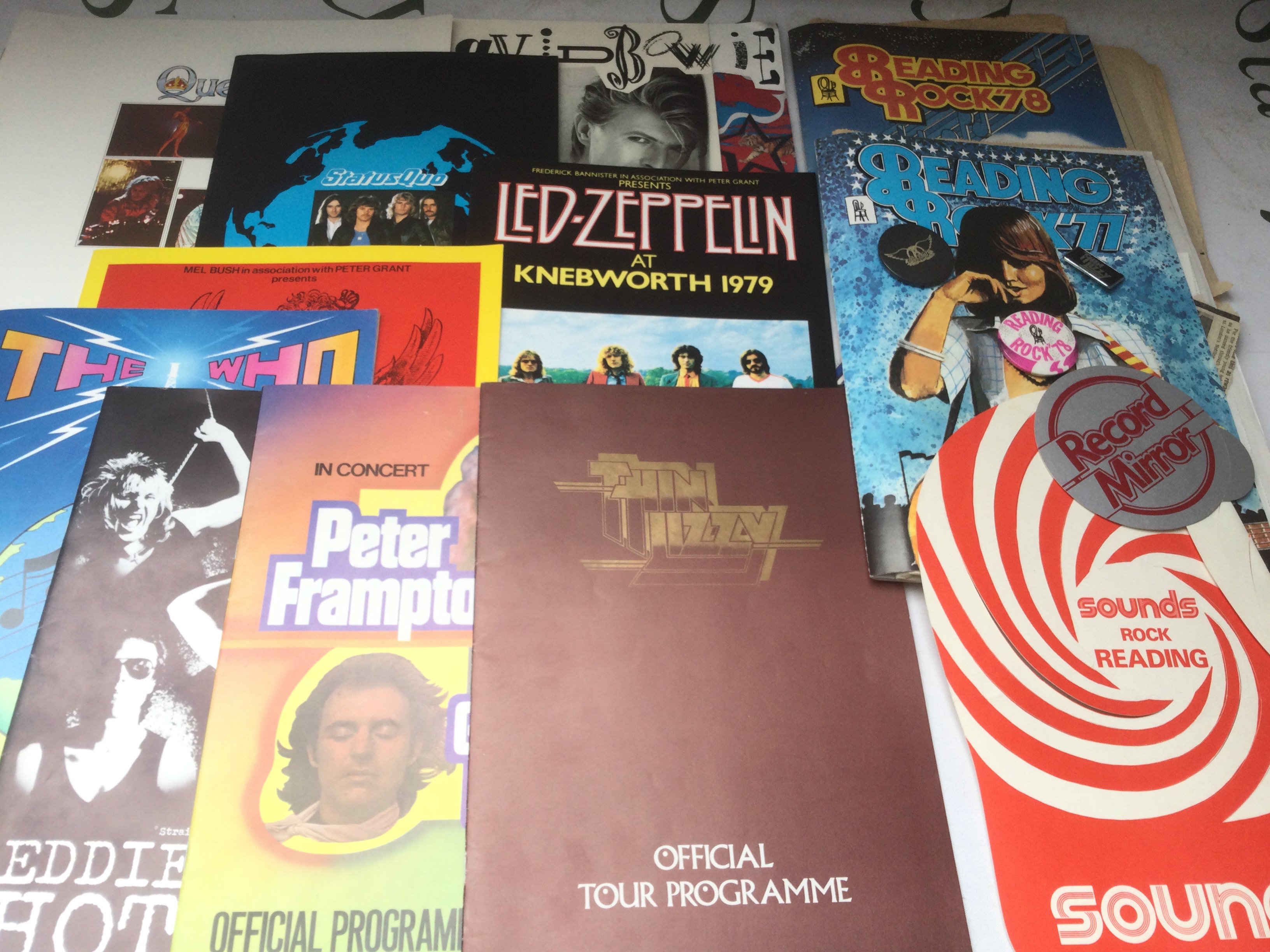 A collection of music programs, most with tickets, for shows by various artists including David Bowie, The Who, Reading 1977 and 1978 festivals plus other ephemera.