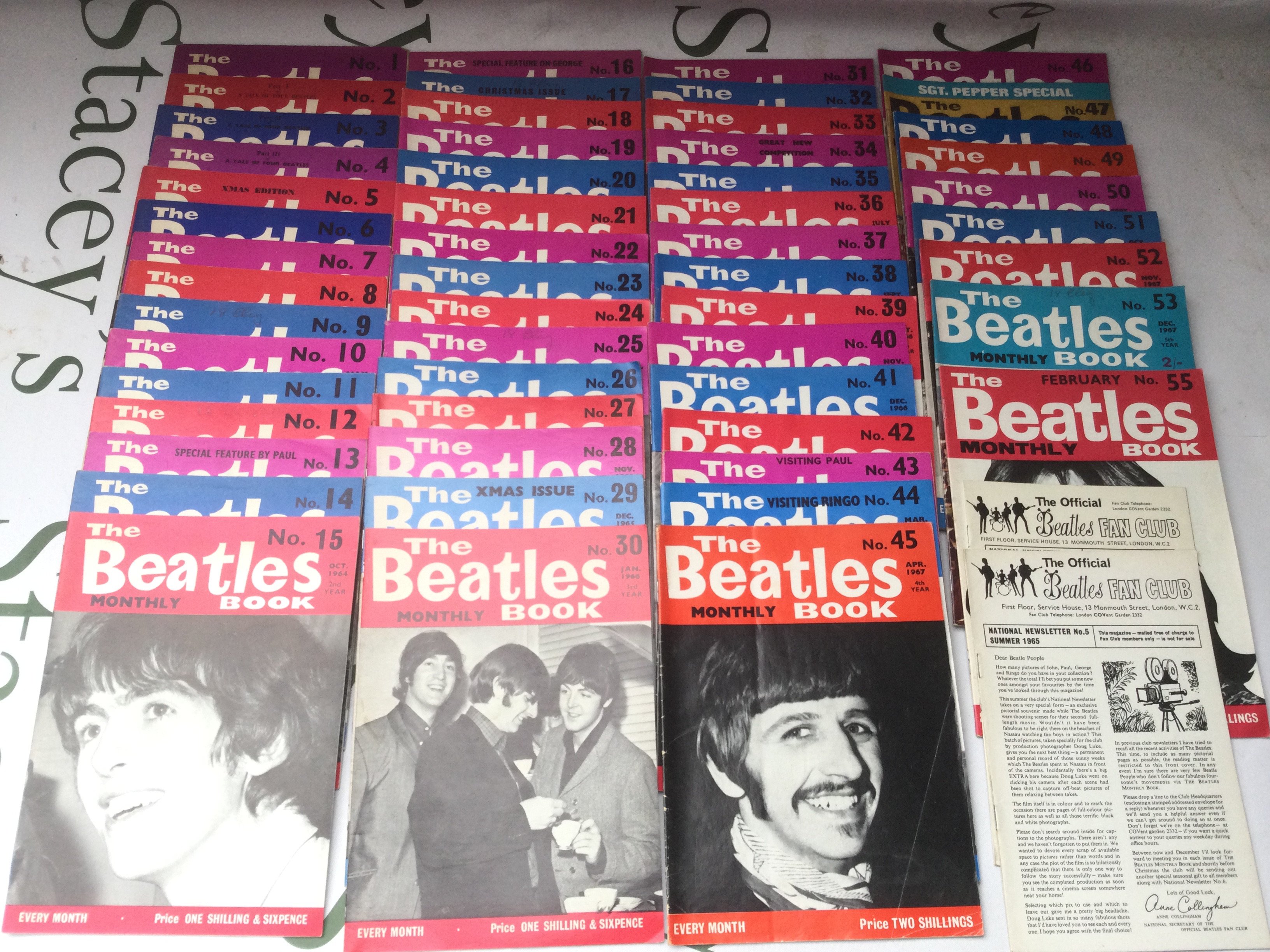 A collection of Beatles Book Monthly magazines numbered 1-53 plus issue 55 and two Fan club newsletters.