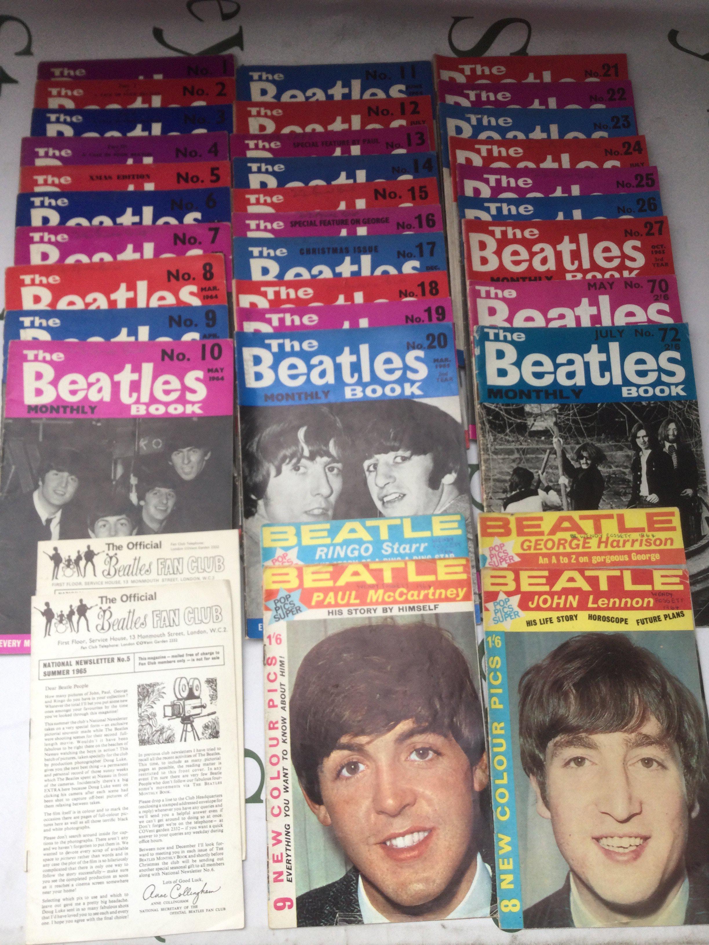 A collection of Beatles related ephemera comprising Beatles Book Monthly magazines numbered 1-27 plus issues 70 and 72, two fan club newsletters, an April 1964 reprint of In His Own Write, A+BC cards (glued in pages), various postcards and newspaper articles and four scrapbooks.