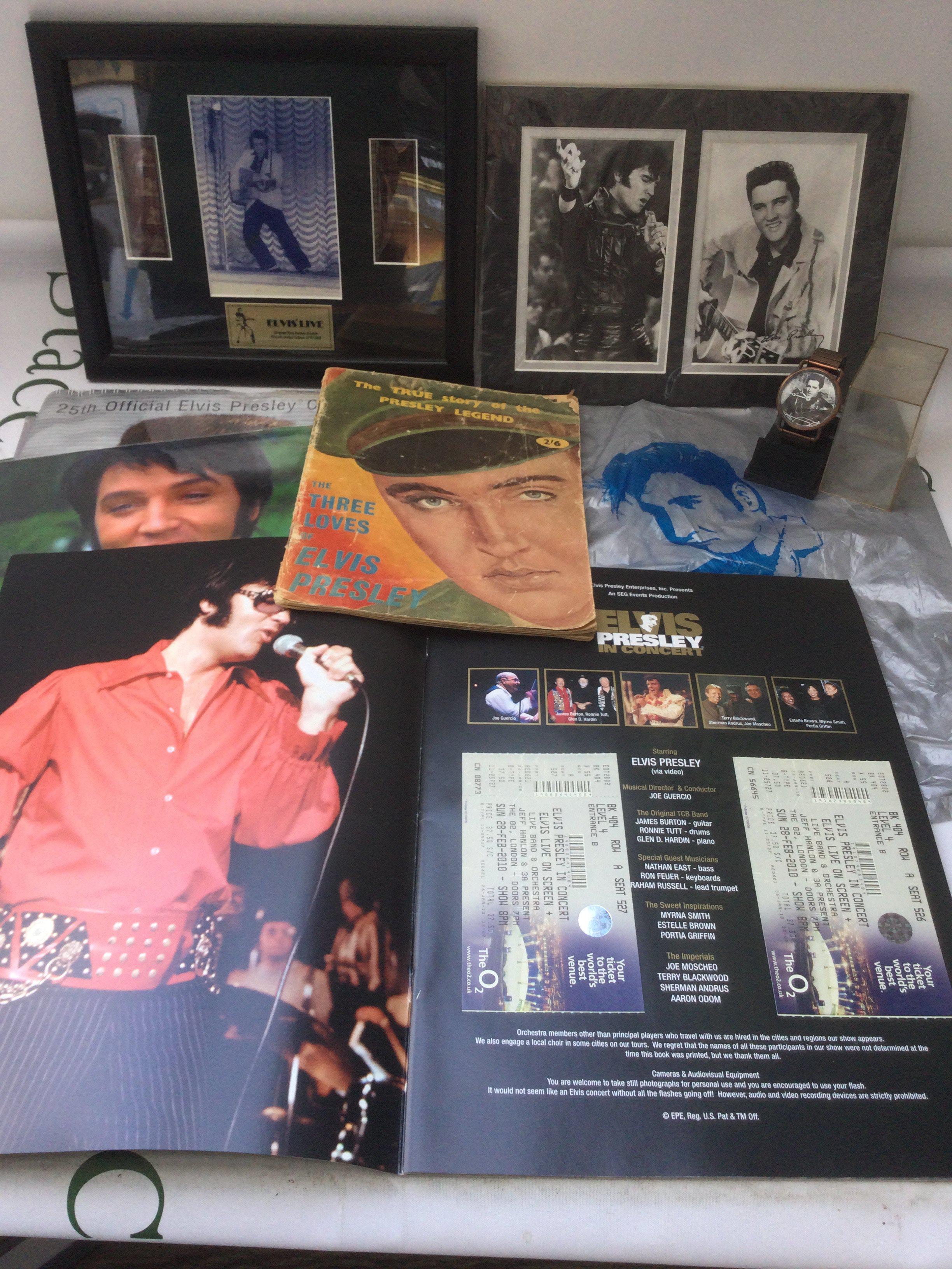 A collection of Elvis Presley memorabilia comprising watch, film cels, books etc.