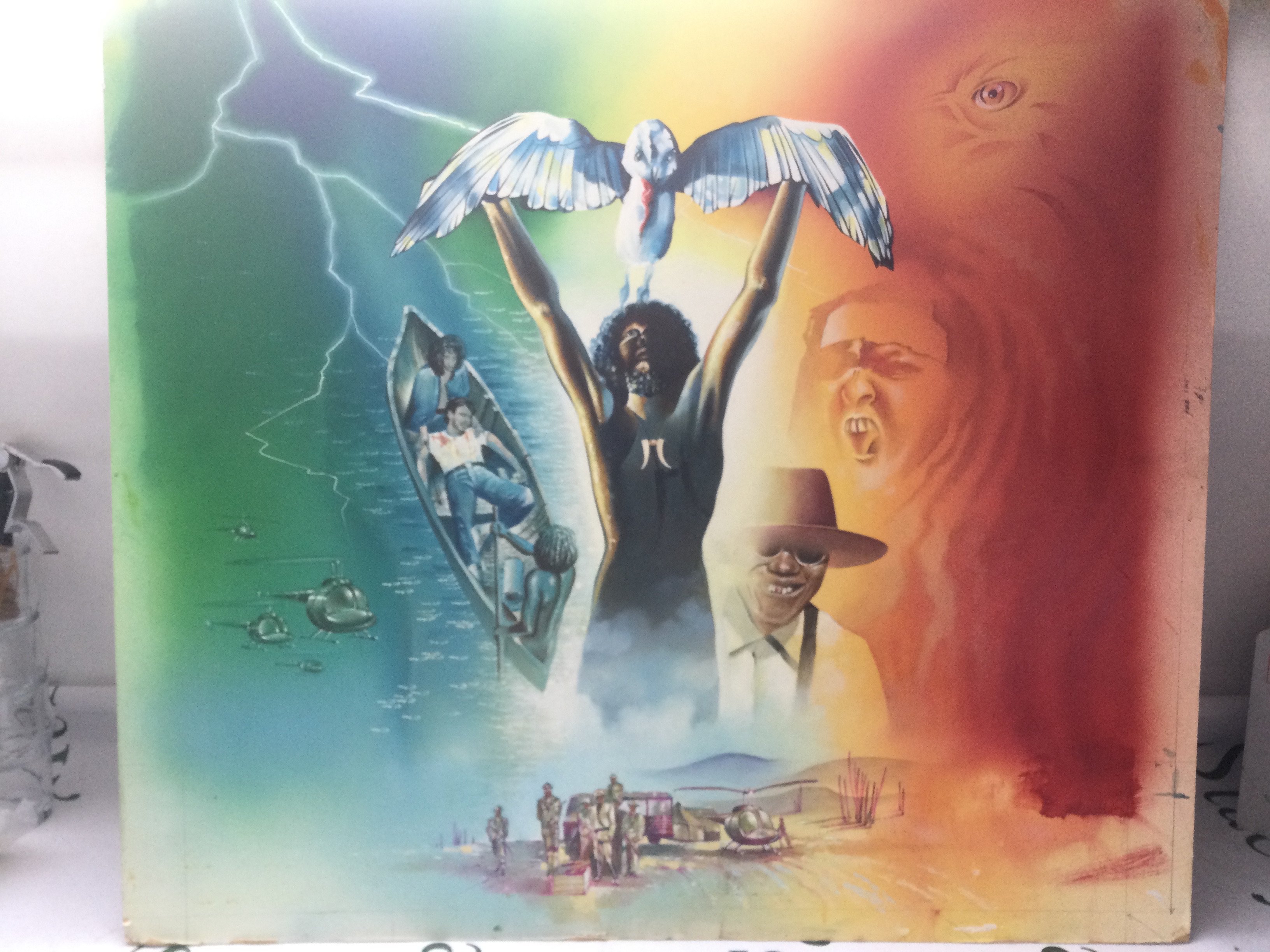 A possible artist's proof painted in mixed media for the 1982 movie Countryman, produced by Island Records founder Chris Blackwell. The painting is on board and has annotated instructions along the borders. Measures approx 70cm x 61cm.