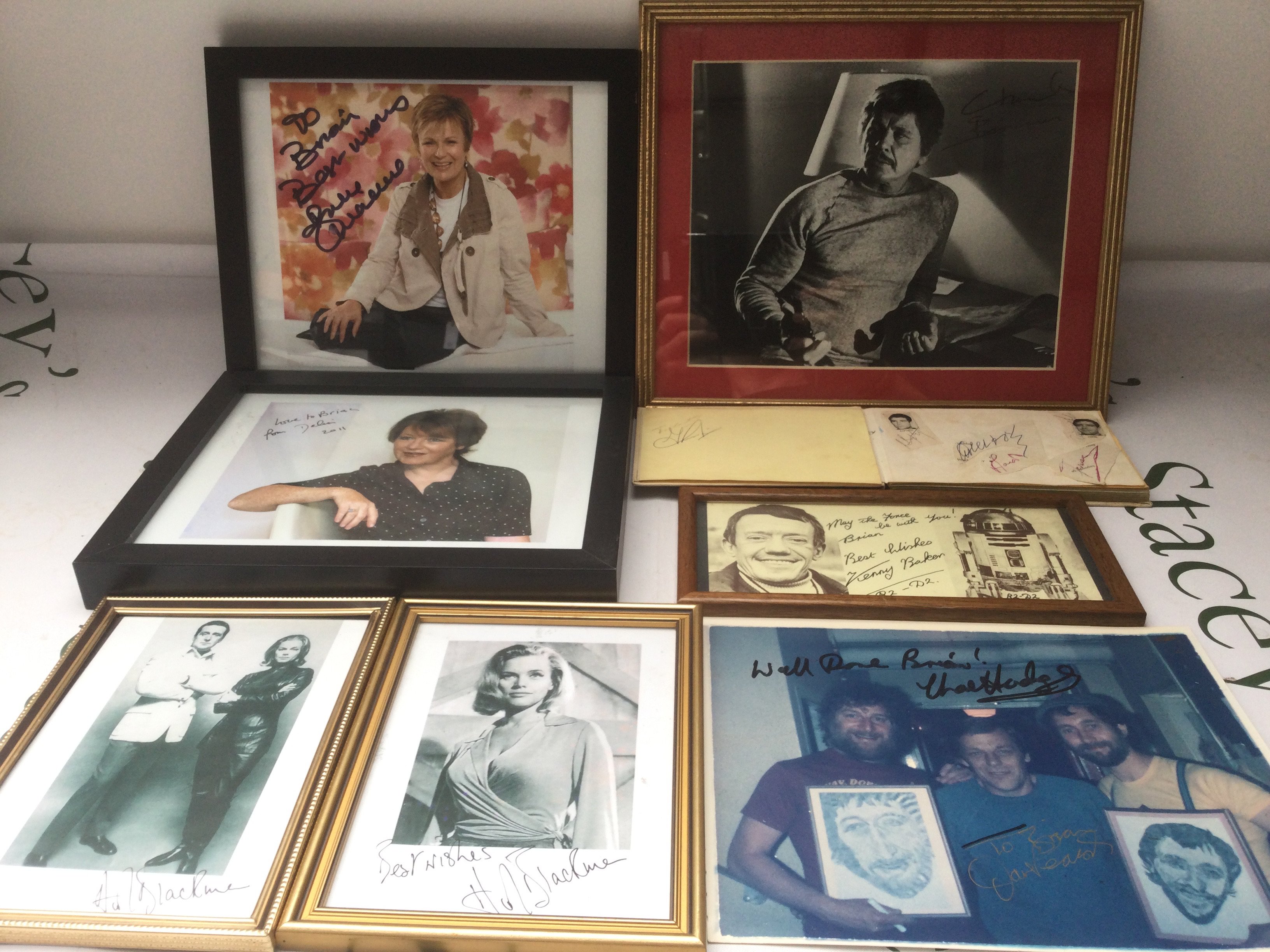 A collection of autographs by various actors and musicians including Charles Bronson, Honor Blackman, Chas n Dave and others.