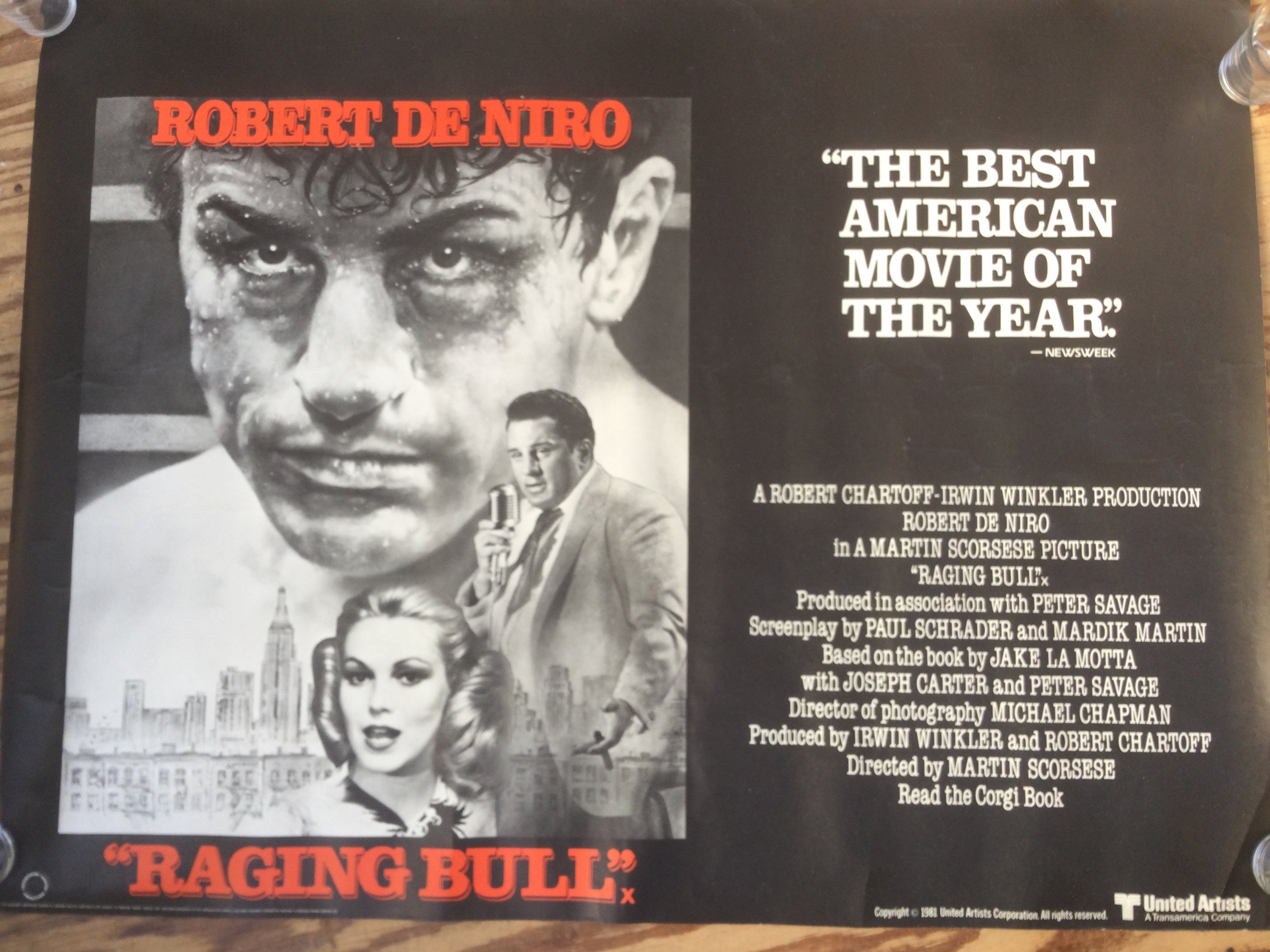 An original UK quad film poster for Raging Bull, approx 102cm x 76cm.