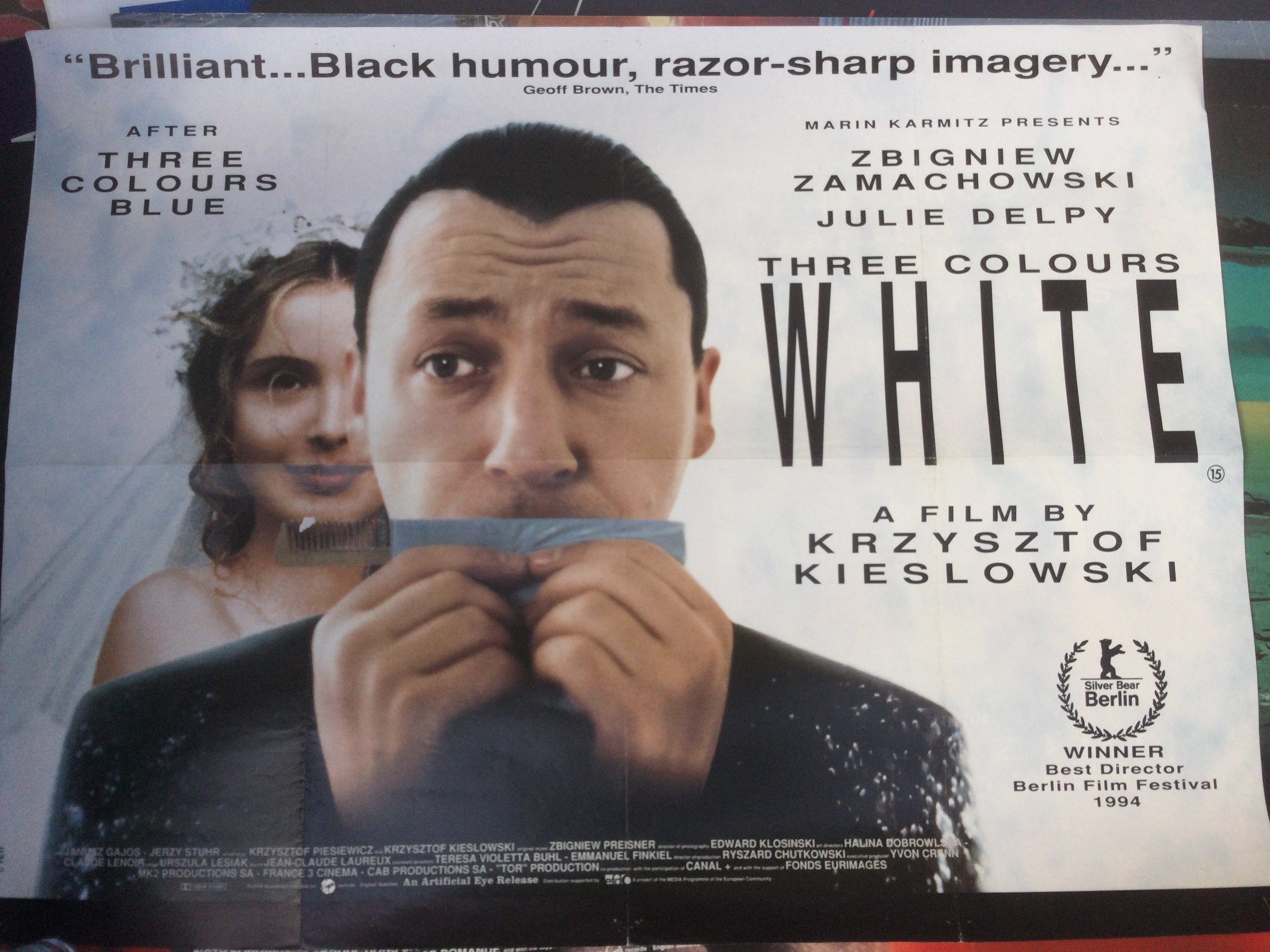 Three UK quad film posters for the Three Colours trilogy of films. Folded with pin holes in corners.