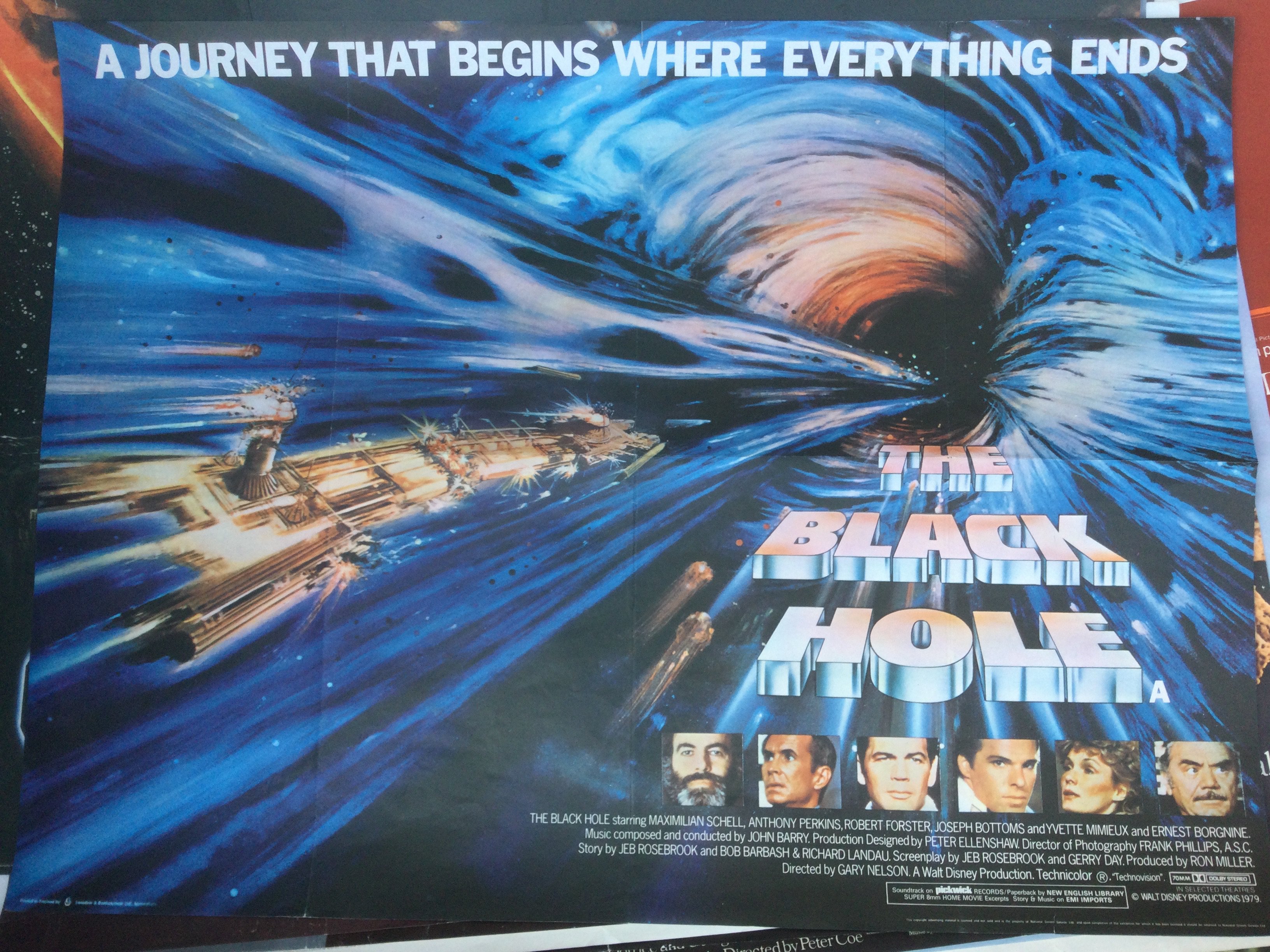 Three UK quad film posters for The Black Hole, Outland and The Rocketeer. Folded with small tears. The Rocketeer is particularly damaged.