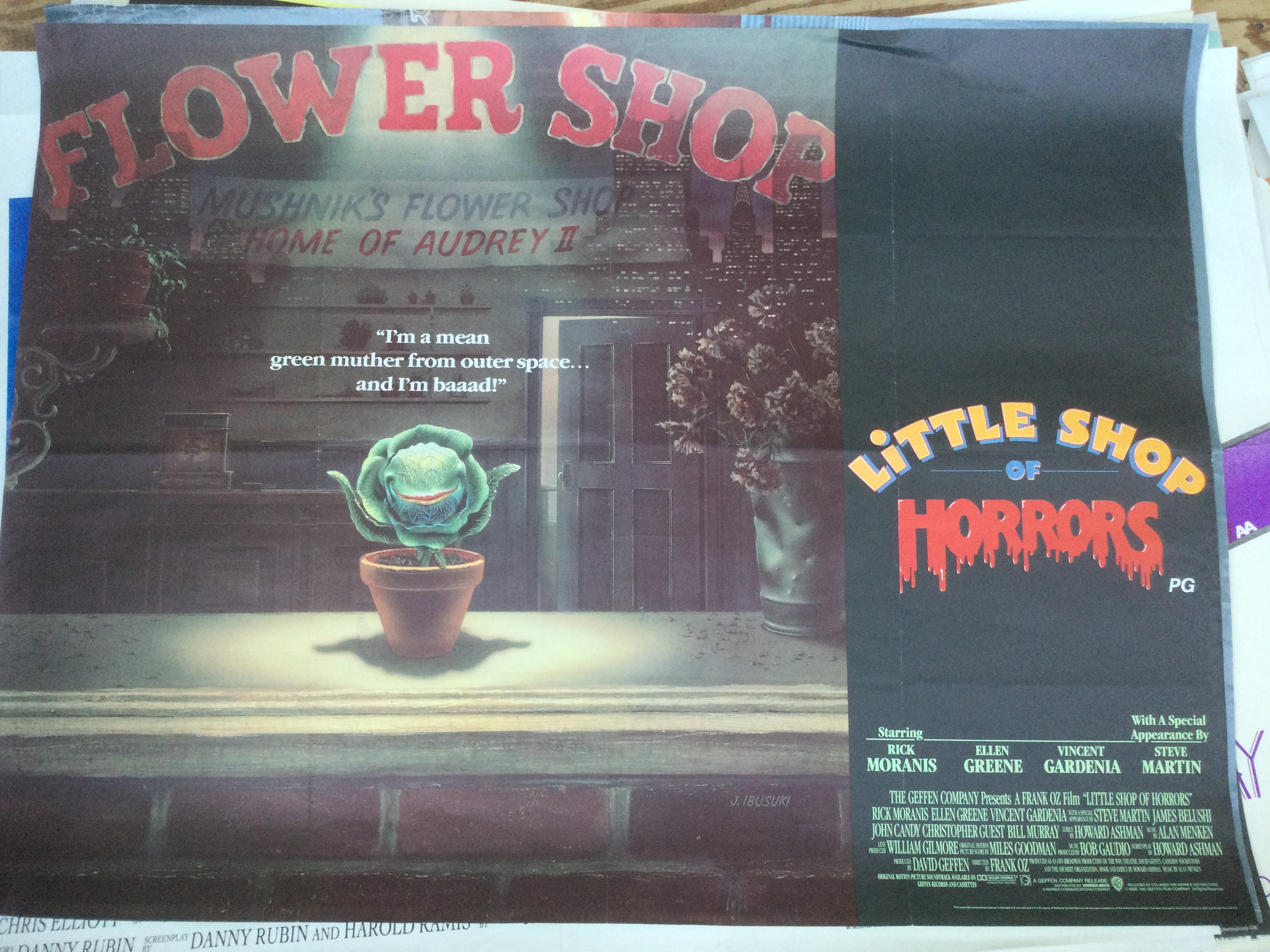 Four UK quad film posters for Little Shop Of Horrors, Brazil, Excalibur and The Unbearable Lightness Of Being. All folded, mostly with pin holes. Small tears to Brazil.