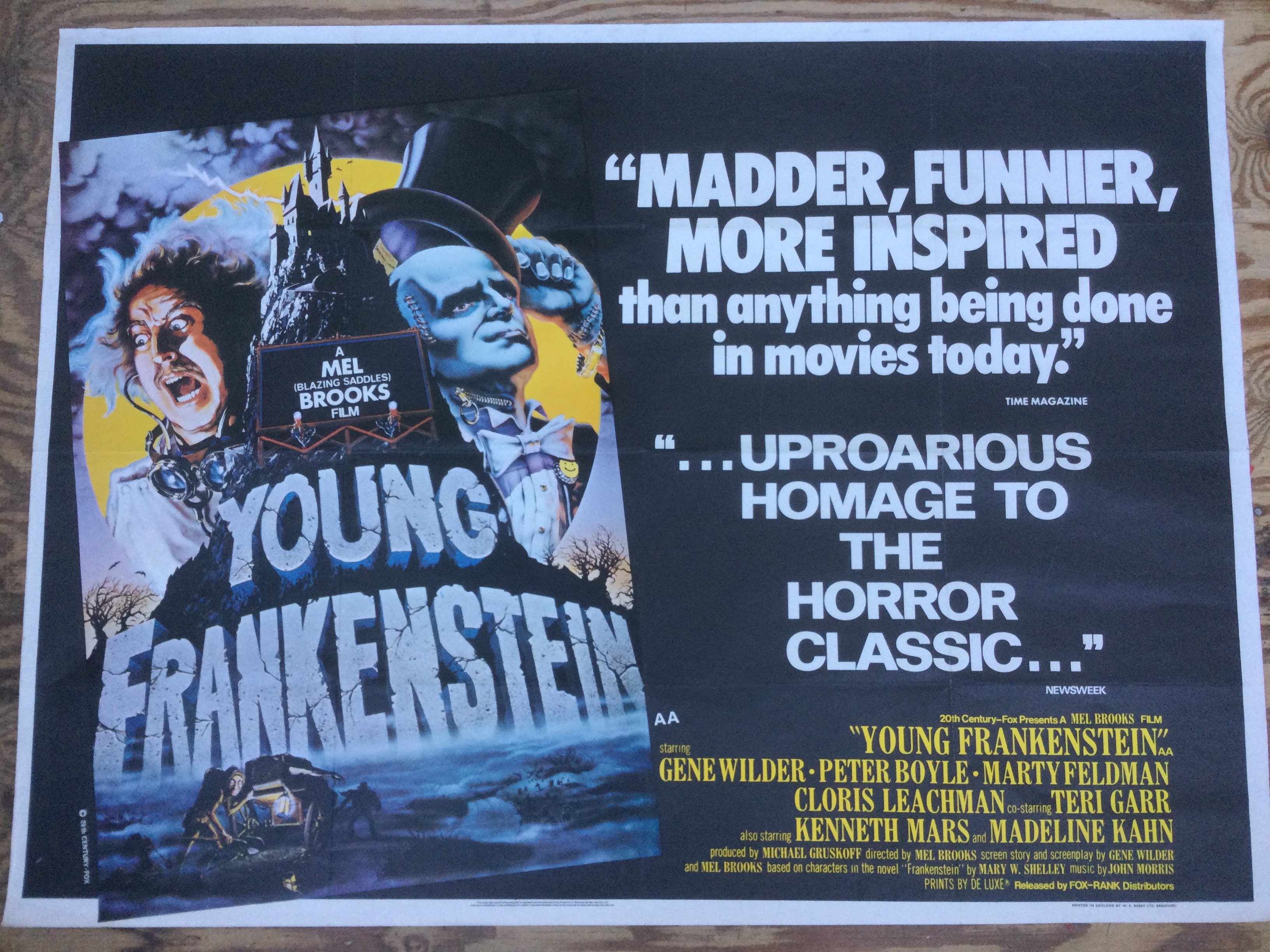 An original UK quad film poster for Young Frankenstein, approx 102cm x 76cm. Folded, minor imperfections.