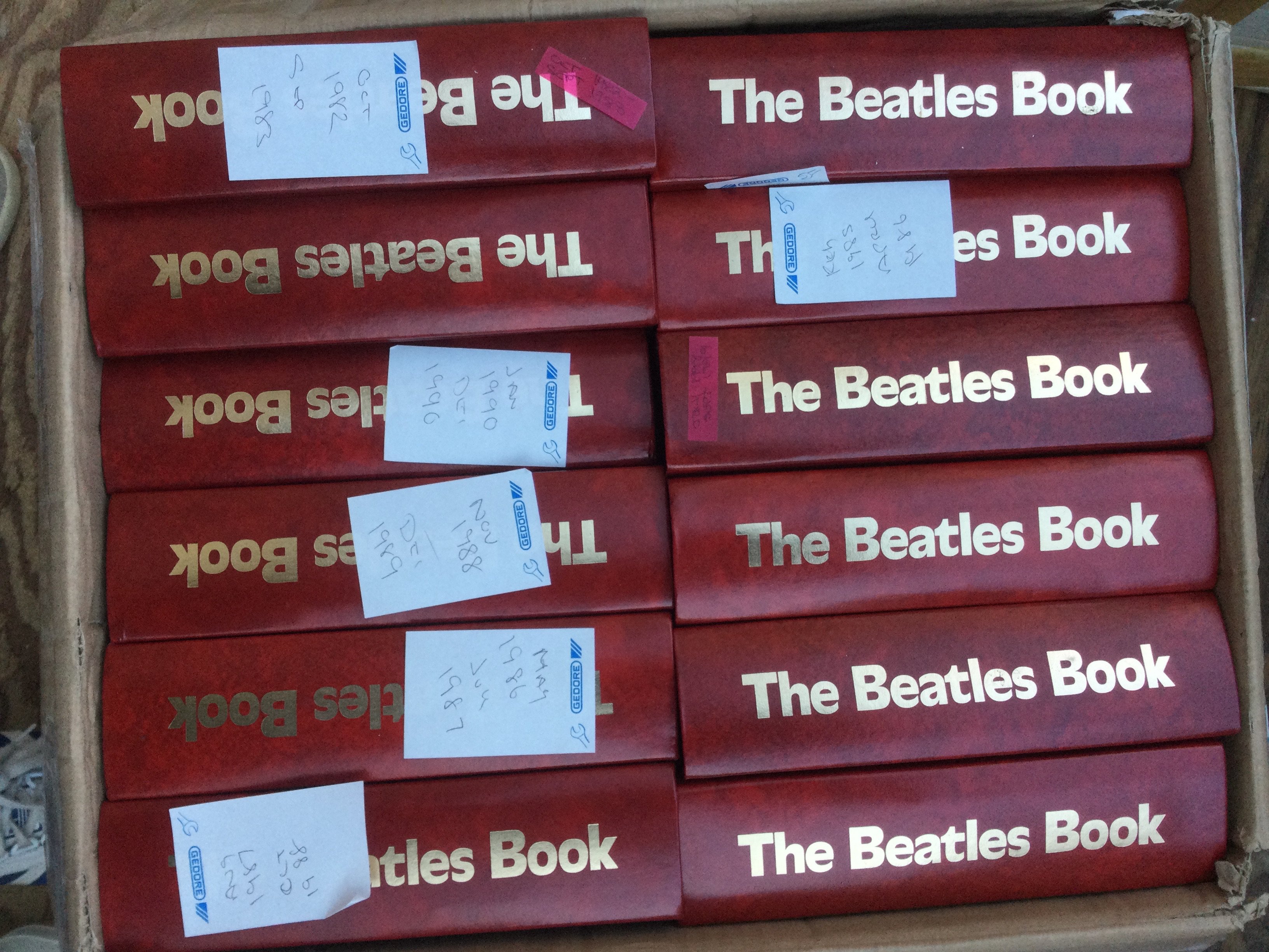 Two boxes containing a large collection of Beatles Book Monthly and Beatles Fan Club magazines from the 1980s, 90s and 2000s.