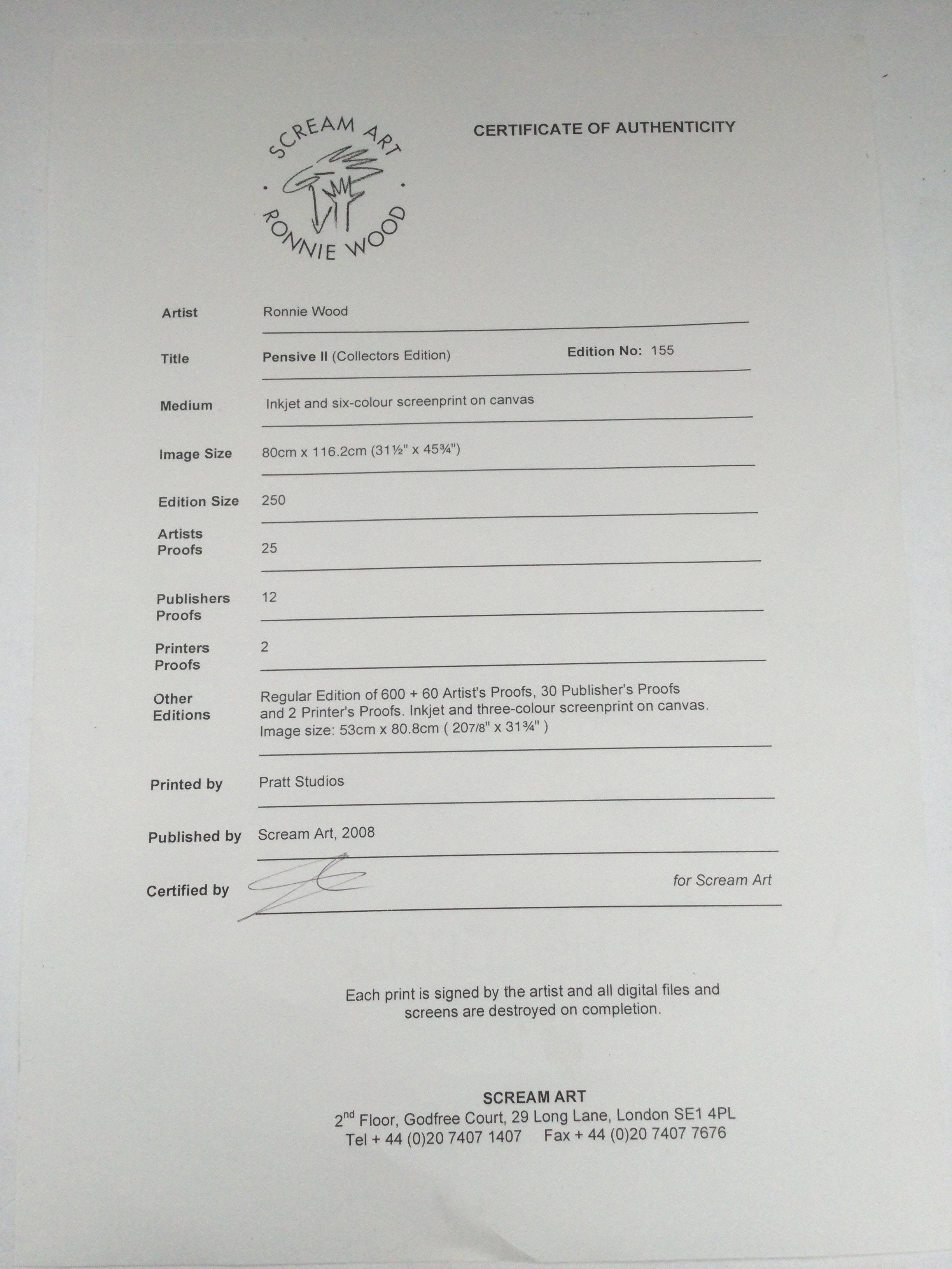 A limited edition and signed Ronnie Wood screenprint titled 'Pensive II' depicting fellow Rolling Stone Keith Richards with guitar. Comes with COA. Size approx 17cm x 80cm.