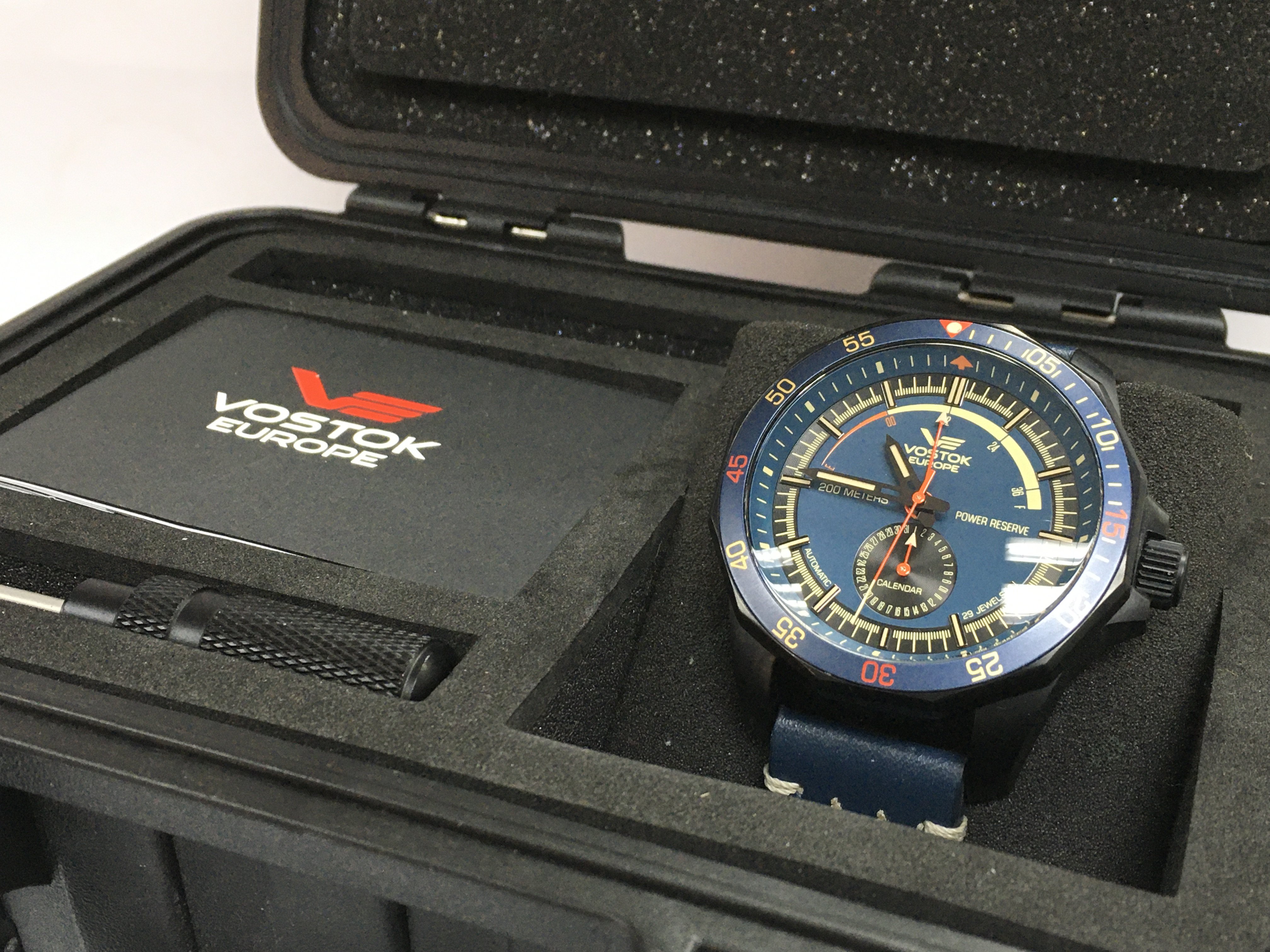 A boxed Vostok Power Reserve 29 jewels 200 metres mens watch. Postage catB