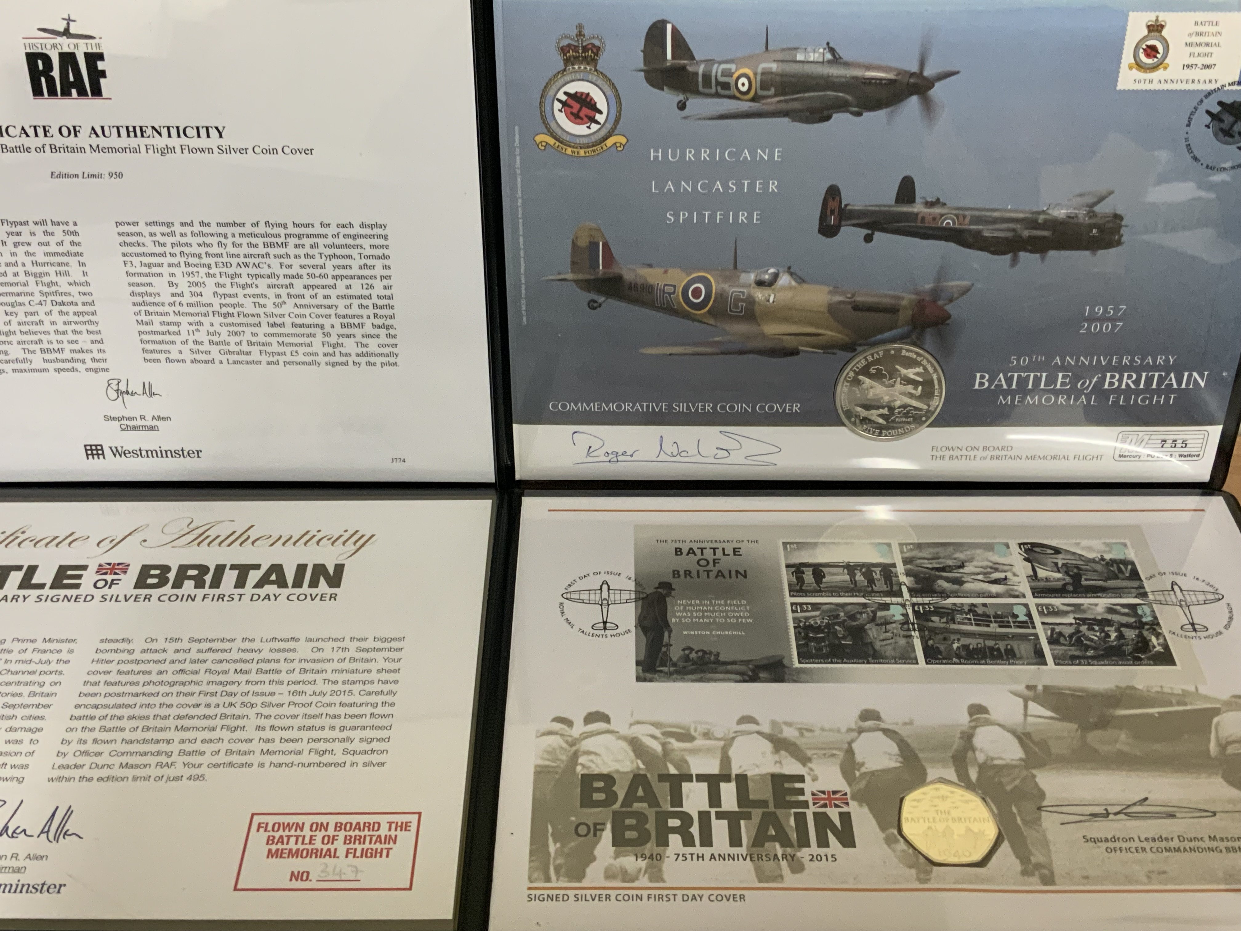 2 Westminster Mint commemorative coin covers RAF Battle of Britain signed by Squadron leader Dunc Mason RAF together with additional coin covers issued by the Westminster Mint. 12 folders.