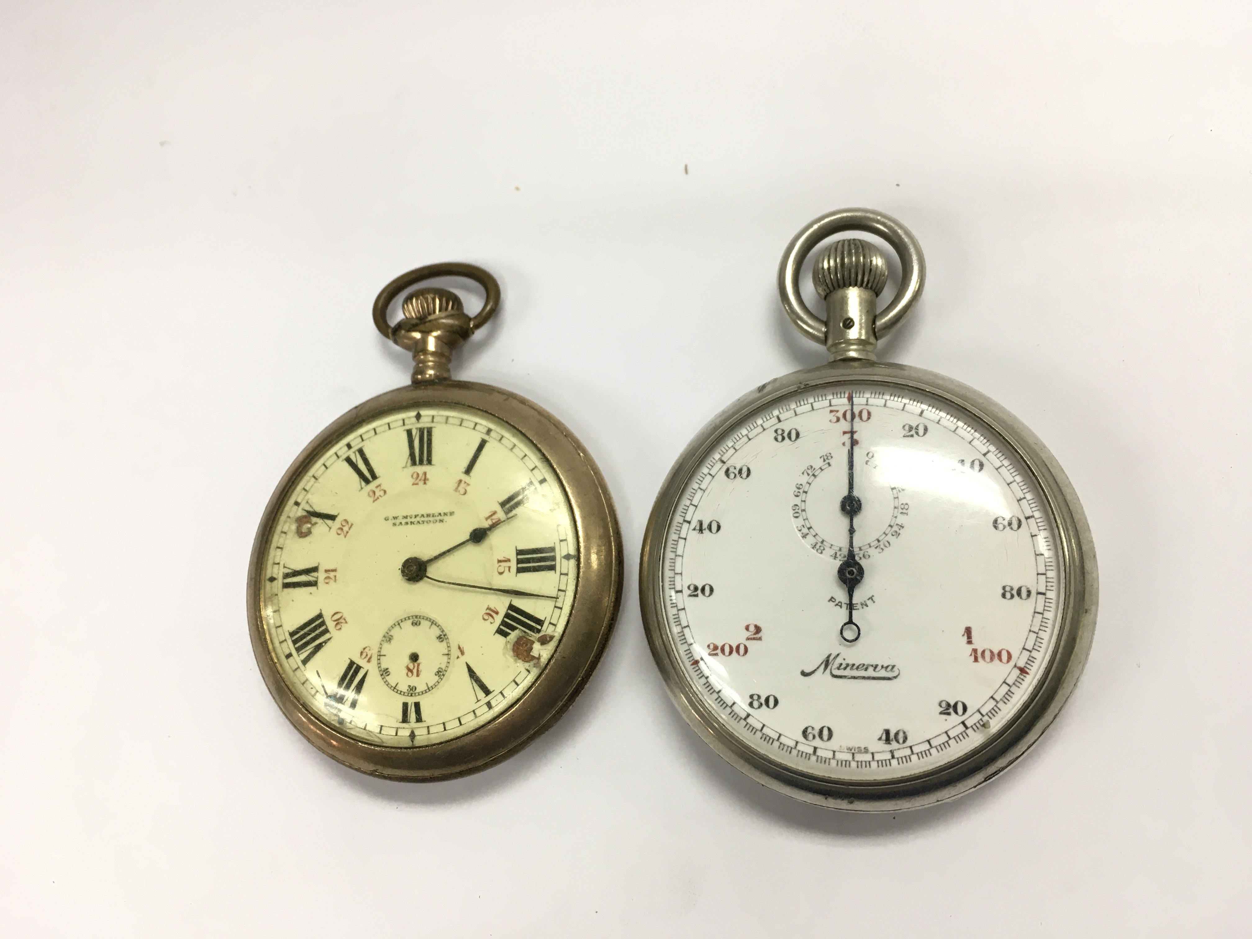 A Ninerva stop watch and one other pocket watch. Not running