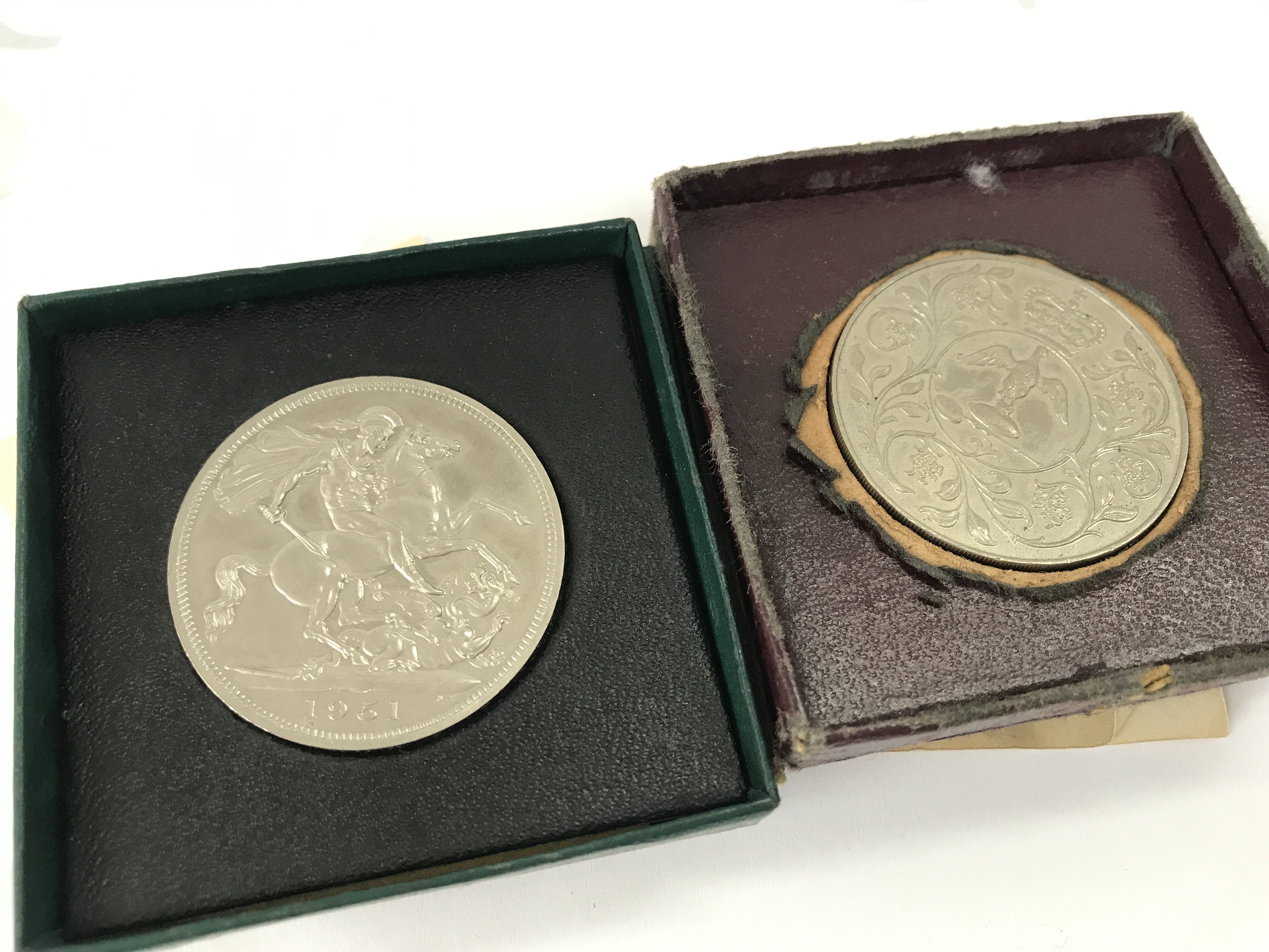 Two 1951 boxed crown coins , postage category A
