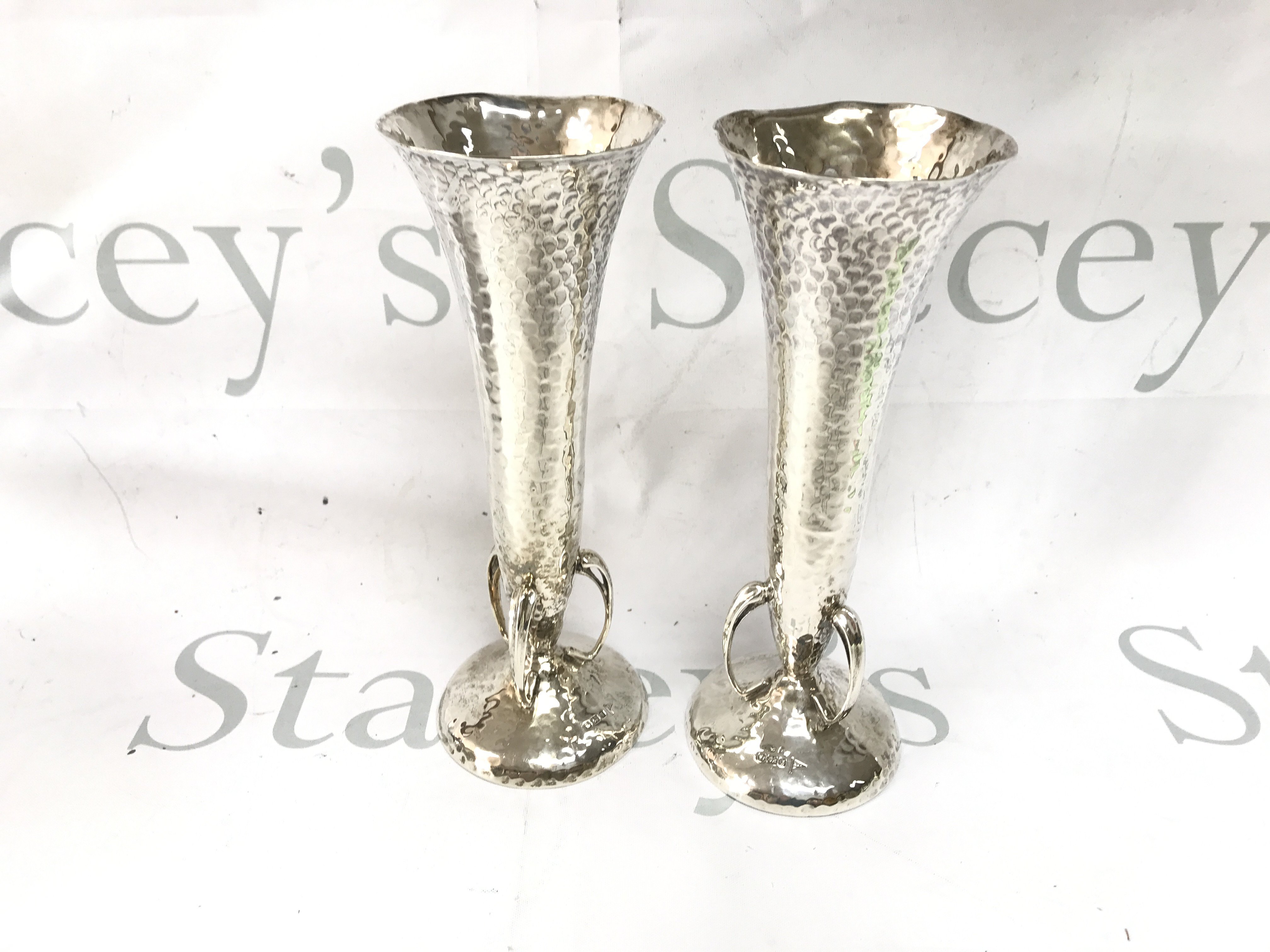 A pair of silver art vases by Walker and Hall. Approx 300g