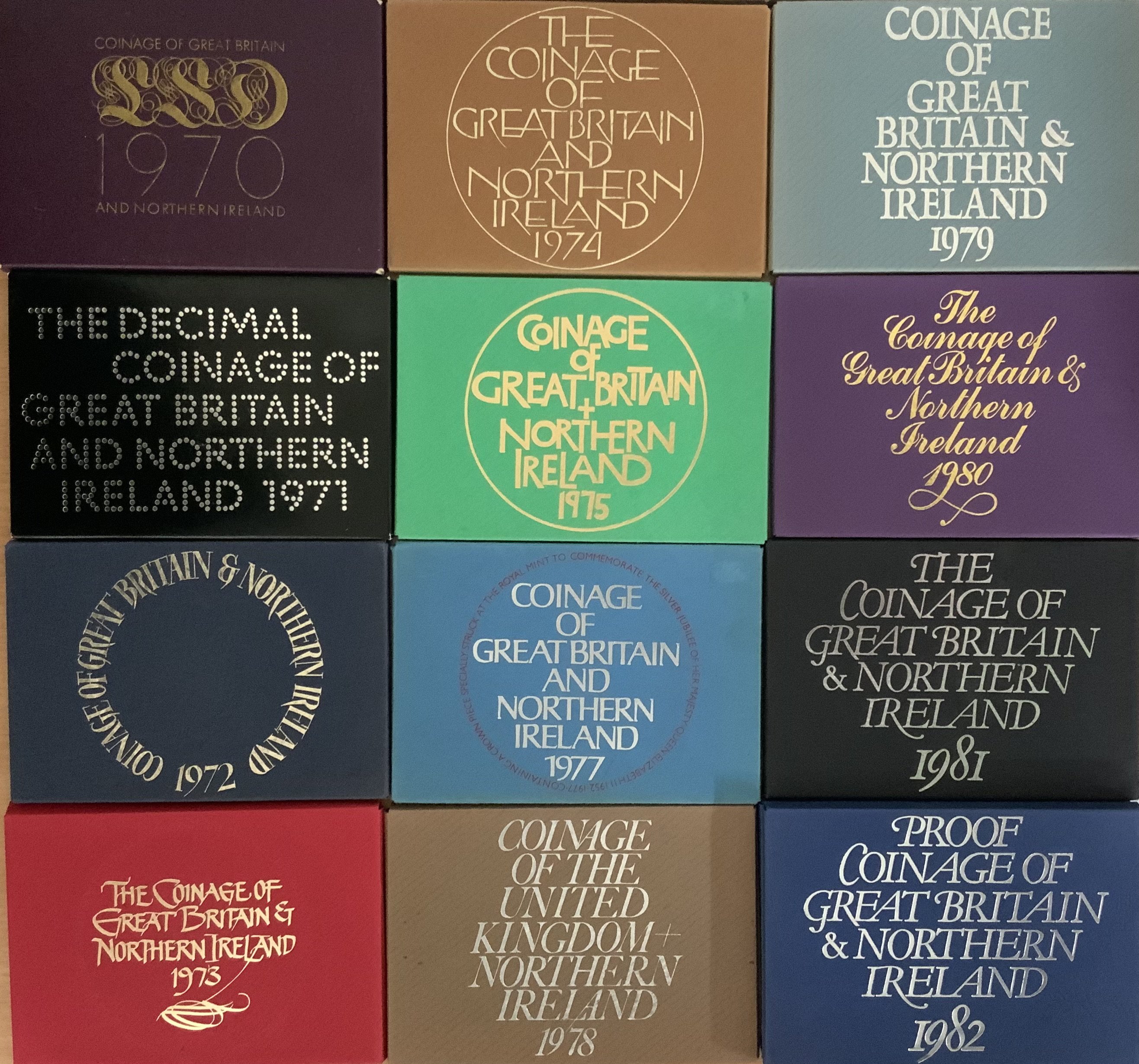 13 Royal Mint Great Britain coin sets, 1970, 71, 72, 73, 74, 75, 77,78, 79, 80, 81, x2 82.