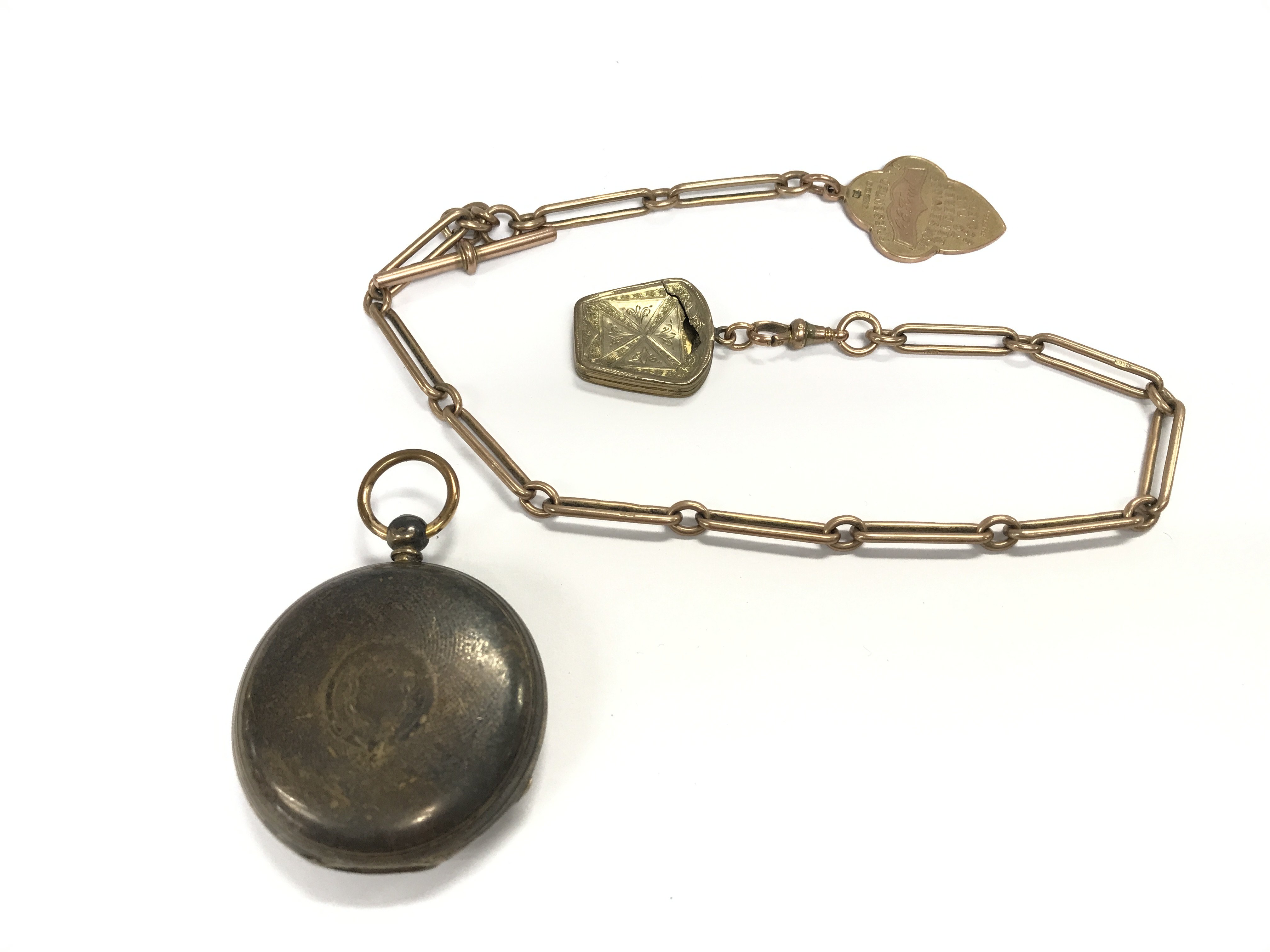 A 9ct gold watch chain with fob 44.26g and approx 37cm in length along with a silver pocket watch. Postage B