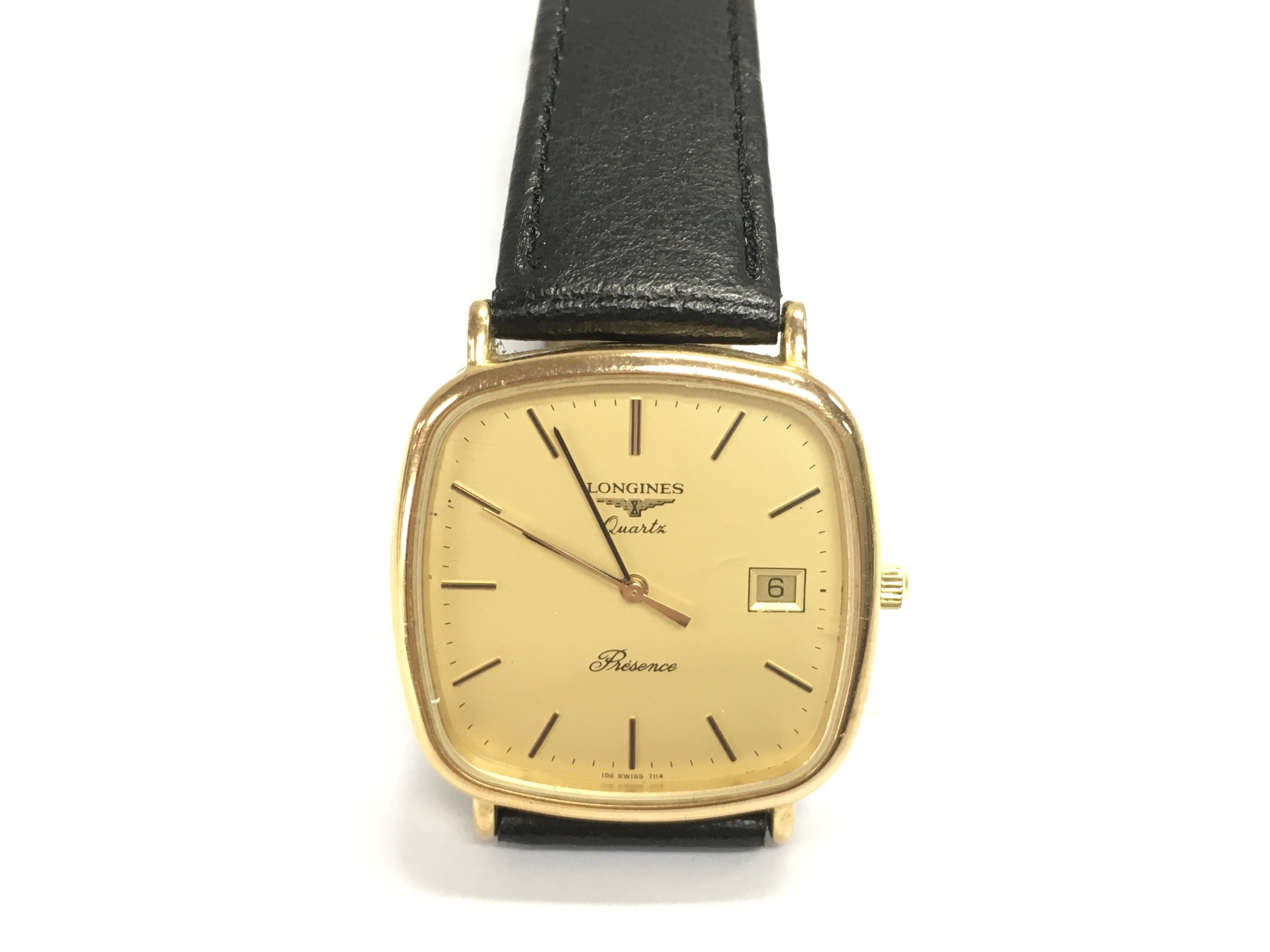 A Longines Gent's quartz watch on black leather strap. Seen running. Postage B