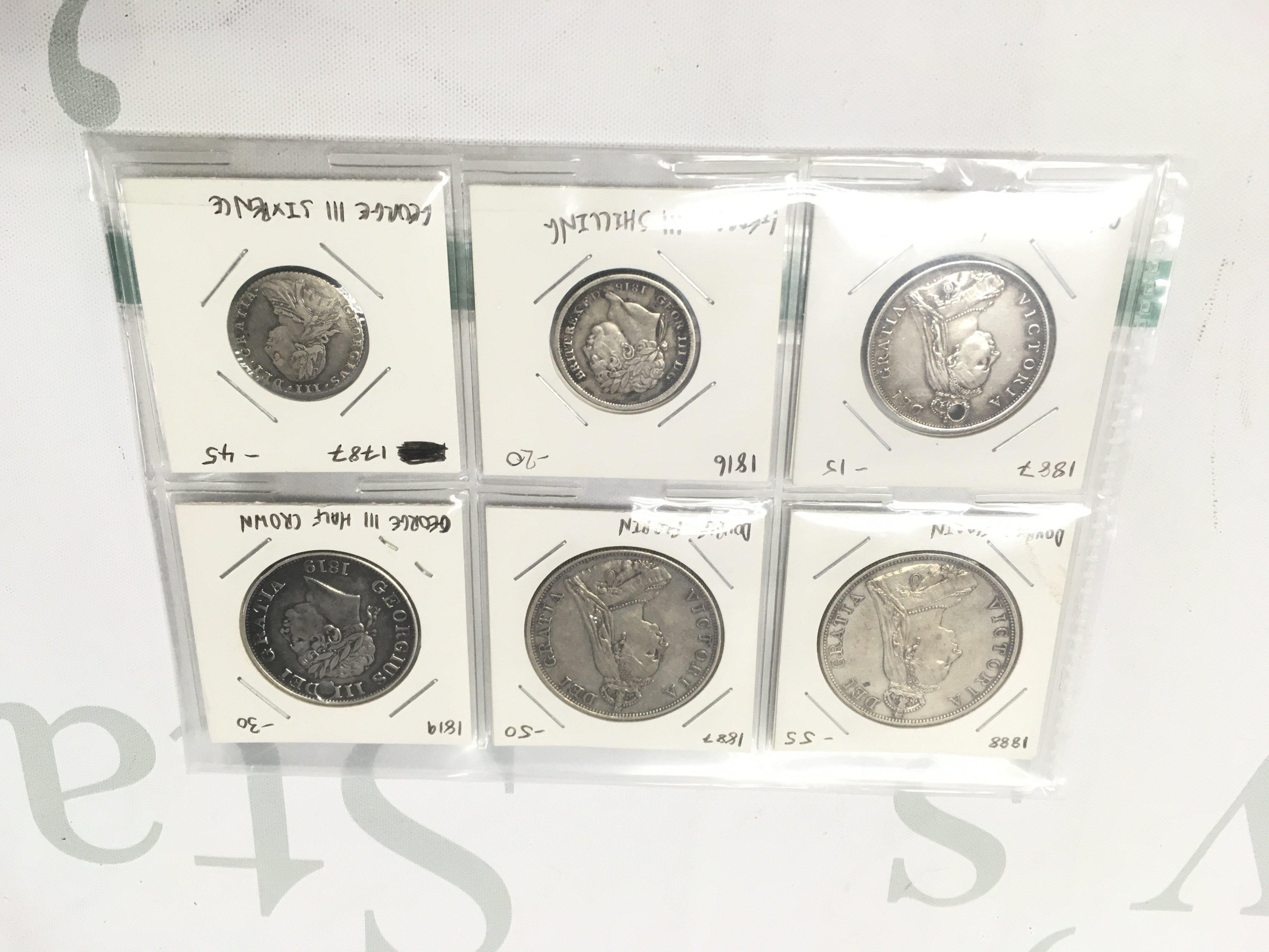 6 British Coins. 2 Queen Victoria Double Florin (1887.1888). George III Sixpence. 1819 George III Halfcrown. 1887 Queen Victoria Florin. 1816 George III Shilling.