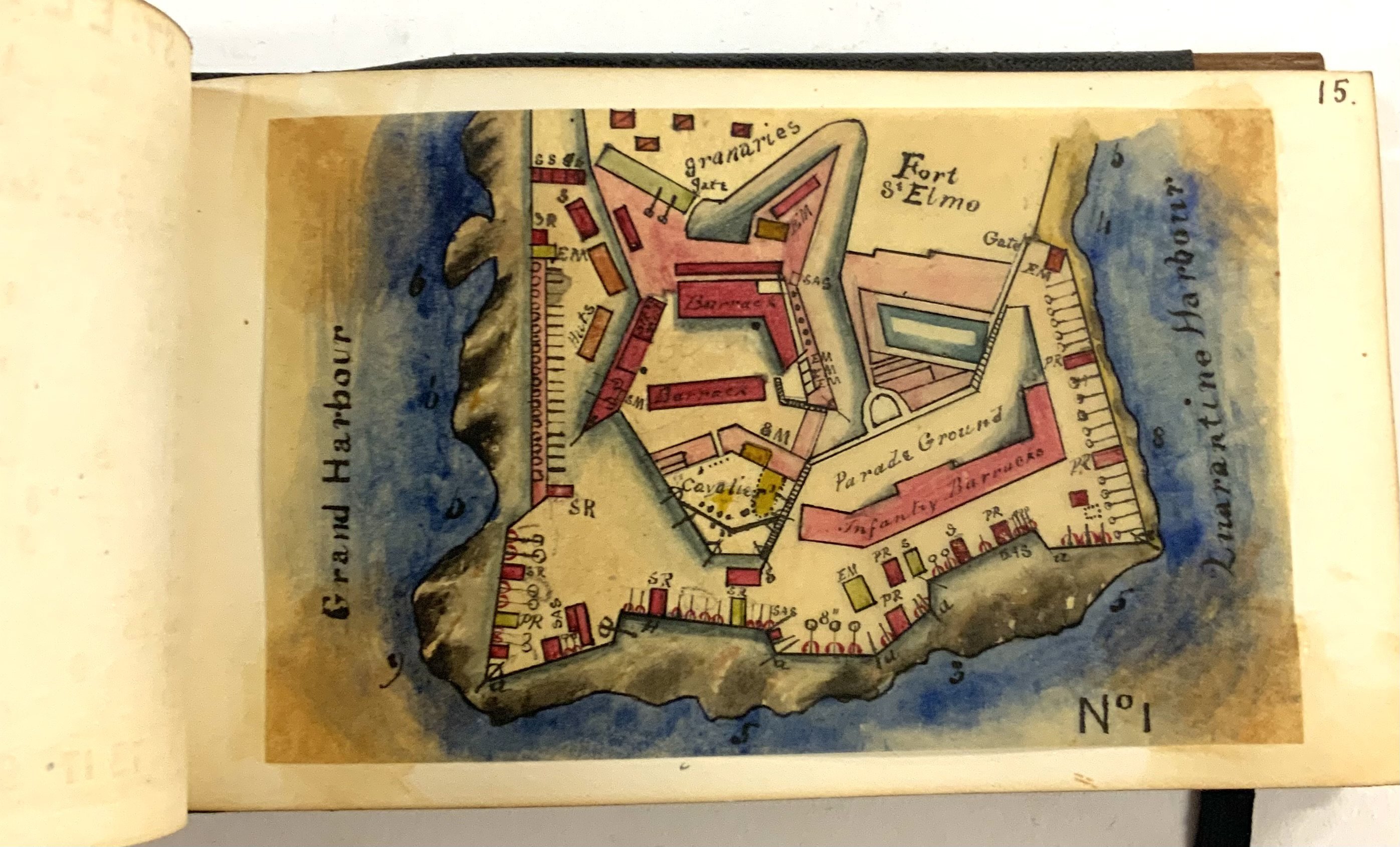 Maltese military history interest, A small handwritten book including watercolour diagrams, titled The Plans of the Forts in the Valetta & Cotonera Districts. C.1820, post French Napoleonic occupation of 1798-1800, listing total armaments and capabilities of each fort and outpost. 25 applied watercolour diagrams Alf forts and fortifications. (A)