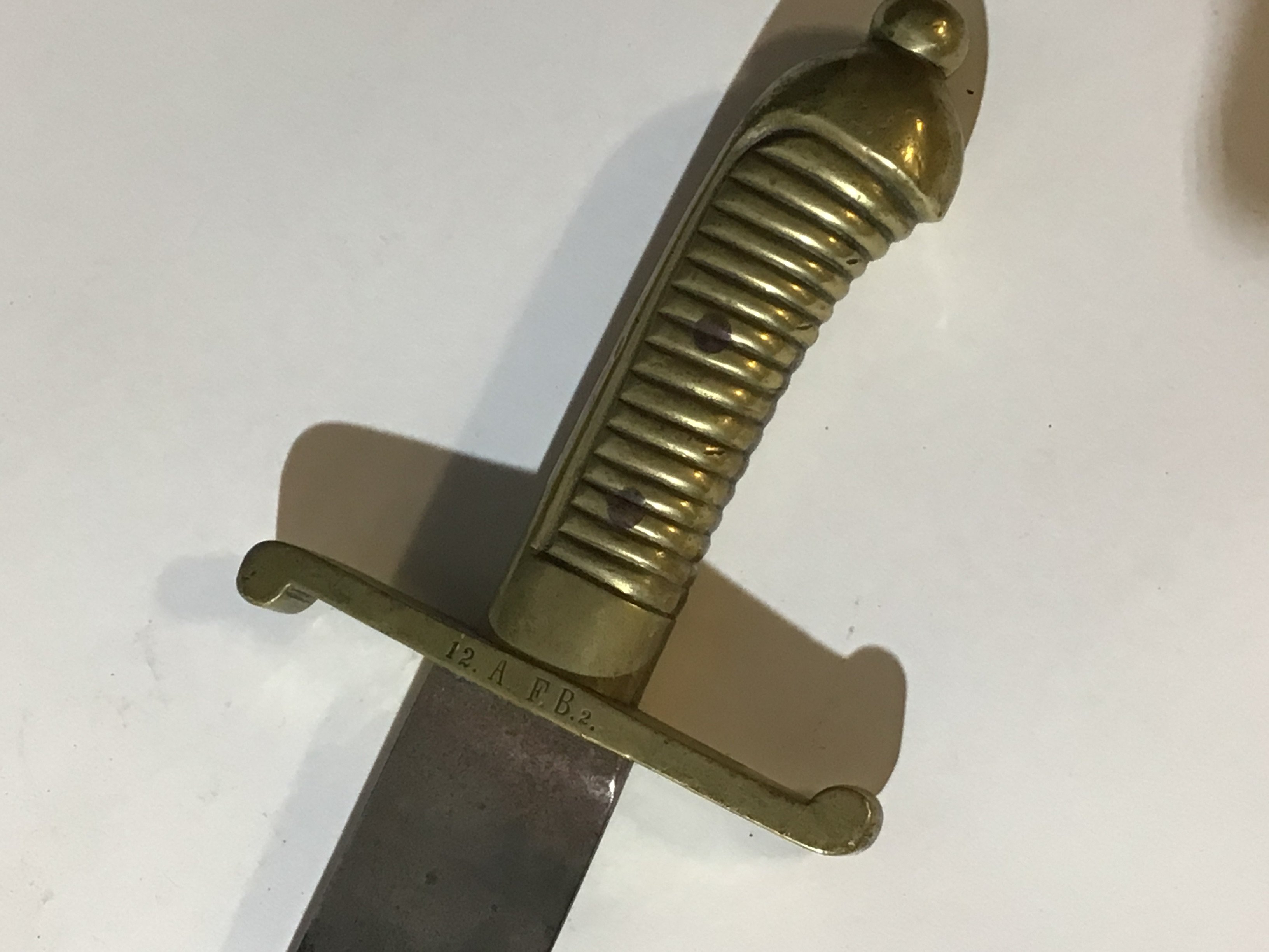 A 19th Century Pioneer sword possibly Prussian with a brass grip stamped 12.A.FB 2. no scabbard length 60cm
