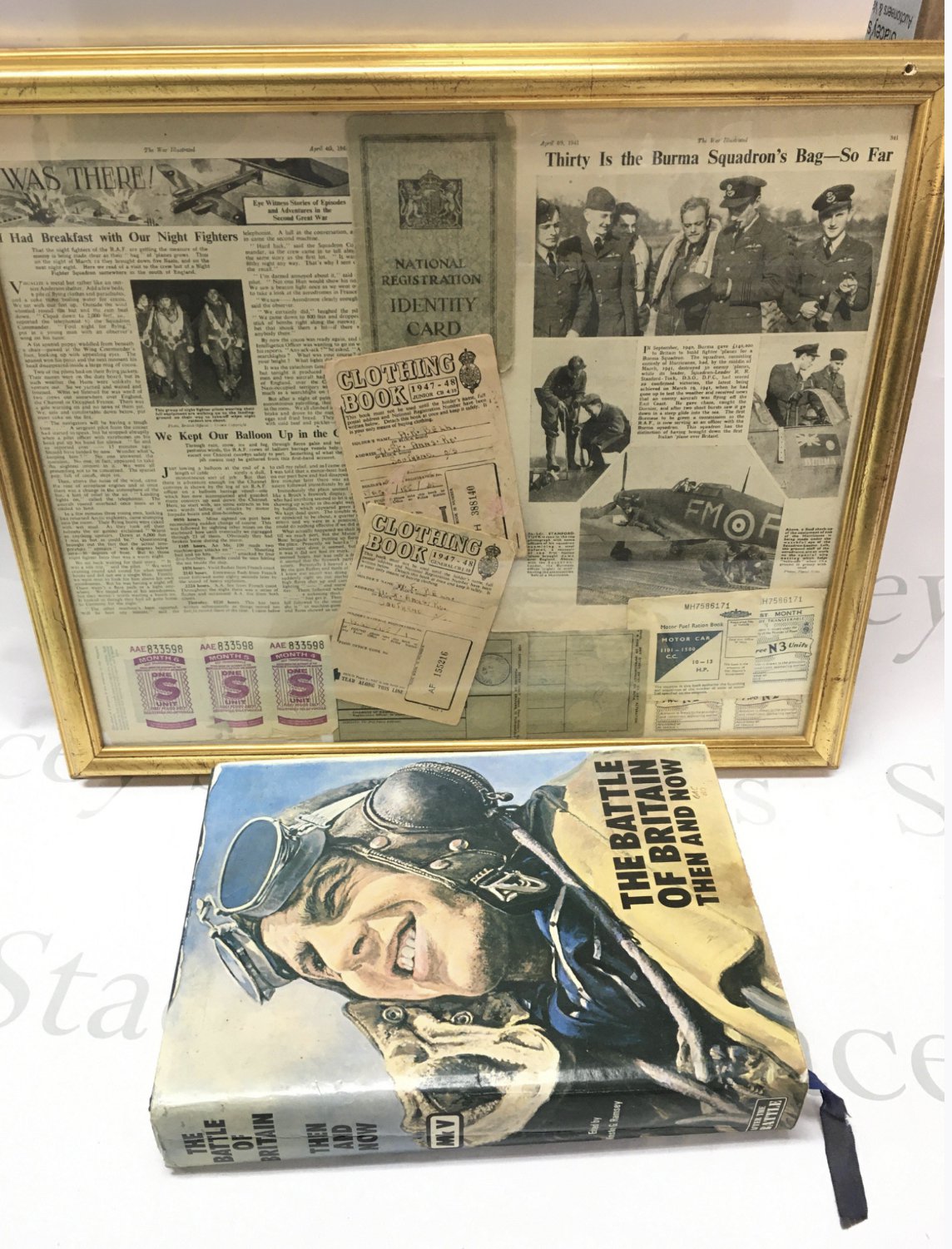 A Battle Of Britain then and now hardback book , Mk V Edited by Winston G Ramsey and a framed collage of WW2 newspaper clippings and booklets.